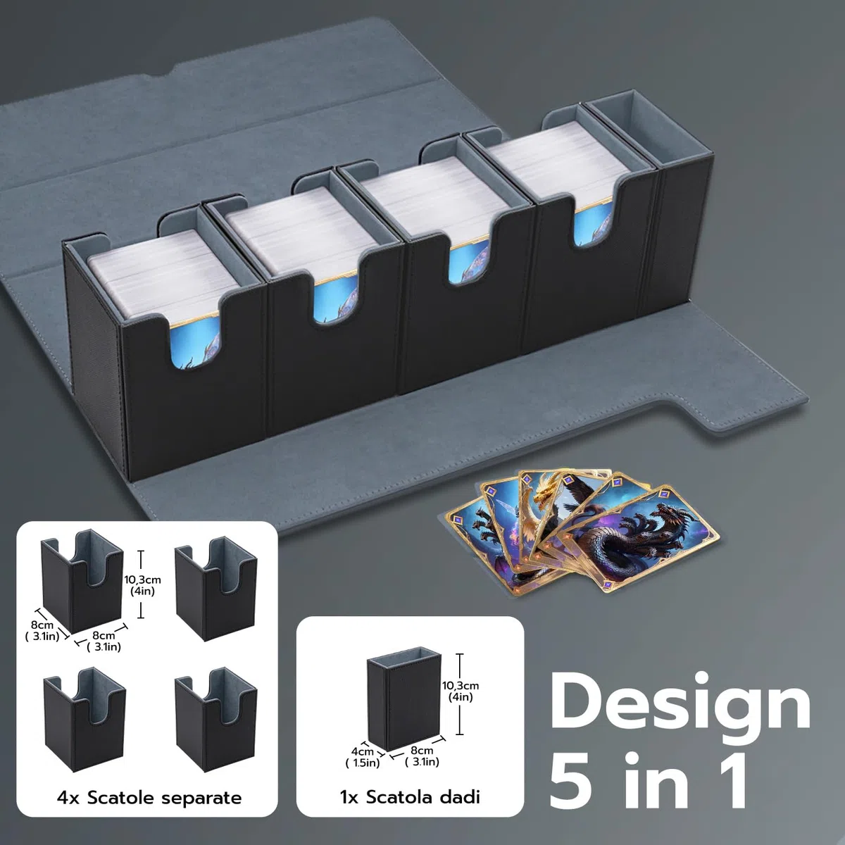 5 in 1 Box Porta Mazzo per Carte MTG Capacità di 800+ Senza Maniche Carte con Dice Tray, Magnetic Flip Deck Box per le Carte di Magic Commander TCG-Nero