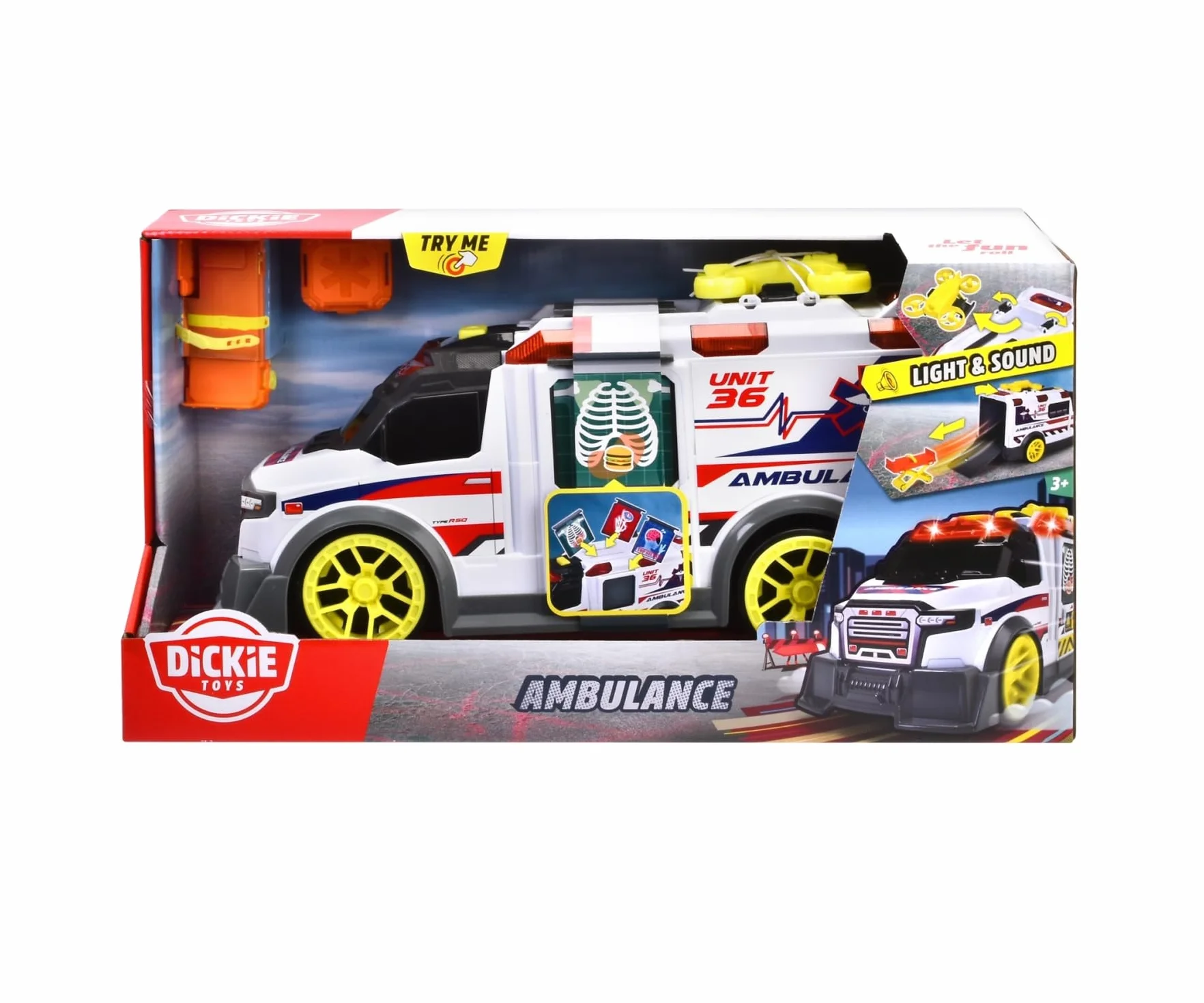 Dickie Toys - Ambulanza 36 cm, 203307003, +3 Anni, Sistema a Ruota Libera, luci e Suoni, Apertura portellone a Molla, barella, Drone