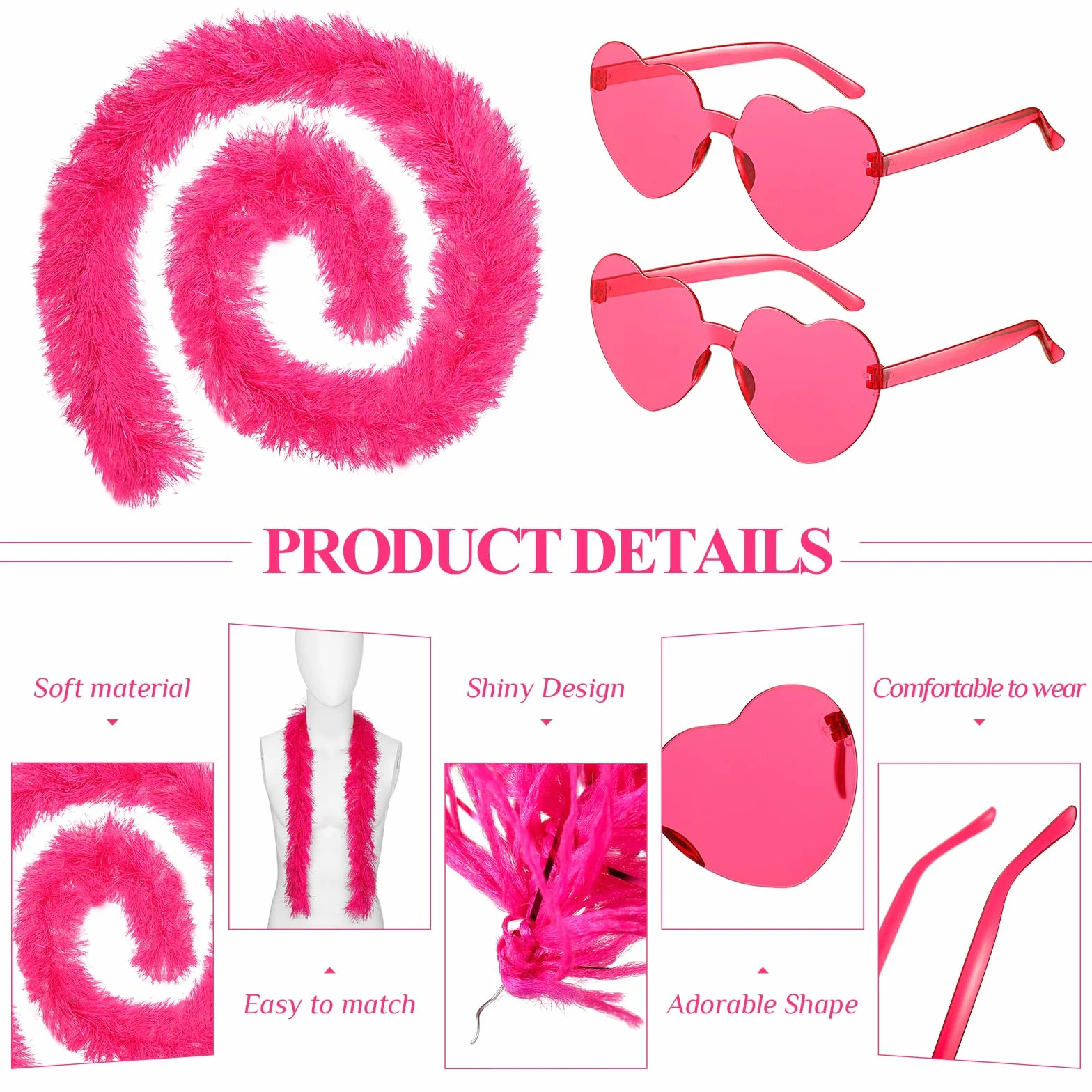 Sinmoe 16 Pezzi 5 Piedi Set Boa di Piume per Festa e Occhiali a Cuore Senza Montatura Accessori di Boa con Occhiali per Feste Matrimoni Costume Travestimento Forniture per Feste