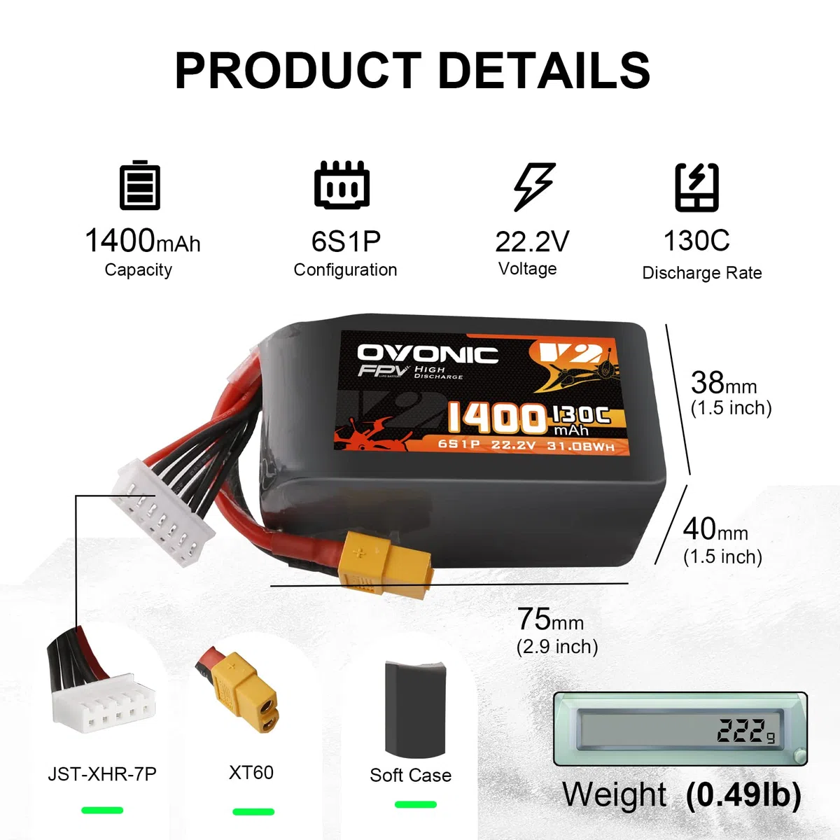 OVONIC Batteria Lipo da 6s, 1400 mAh, 22,2 V, 130 C, con spina XT60, per elicottero RC FPV, aereo, quadricottero, hobby racing