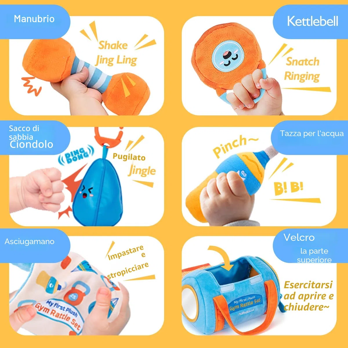 hahaland Giochi Montessori 6 Mesi, 6 PCS Set Peluche Fitness per Neonati con Sonagli e Specchio, Tummy Time Neonato Giochi Sensoriali per Neonati, 2025 Nuovo Design Set Regalo Neonato 3 6 9 12 Mesi
