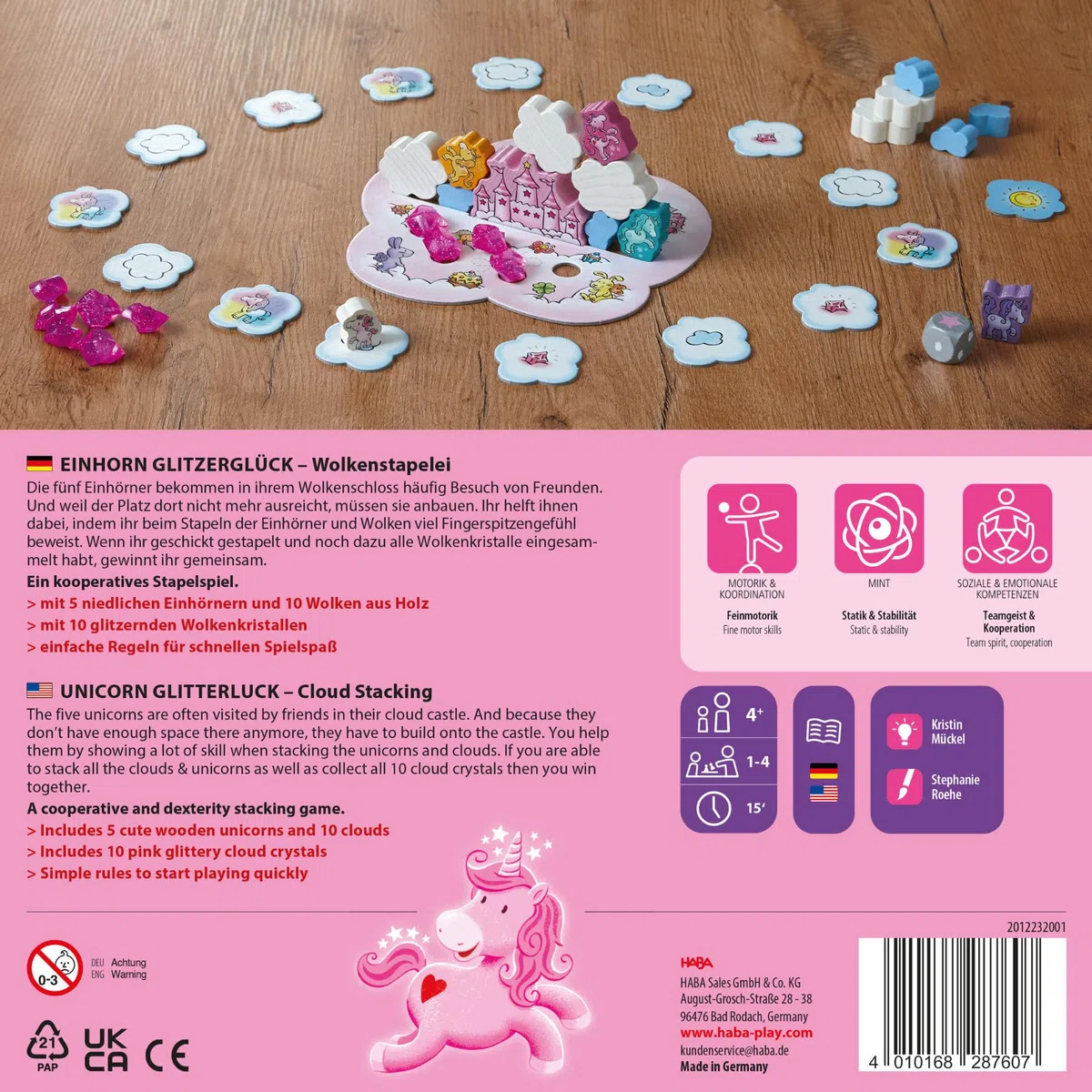 HABA Unicorno Glitter Felice - Gioco impilabile per Bambini con unicorni, Nuvole di Legno e 10 Cristalli di Nuvola Scintillanti, dai 4 Anni in su, 2012232001