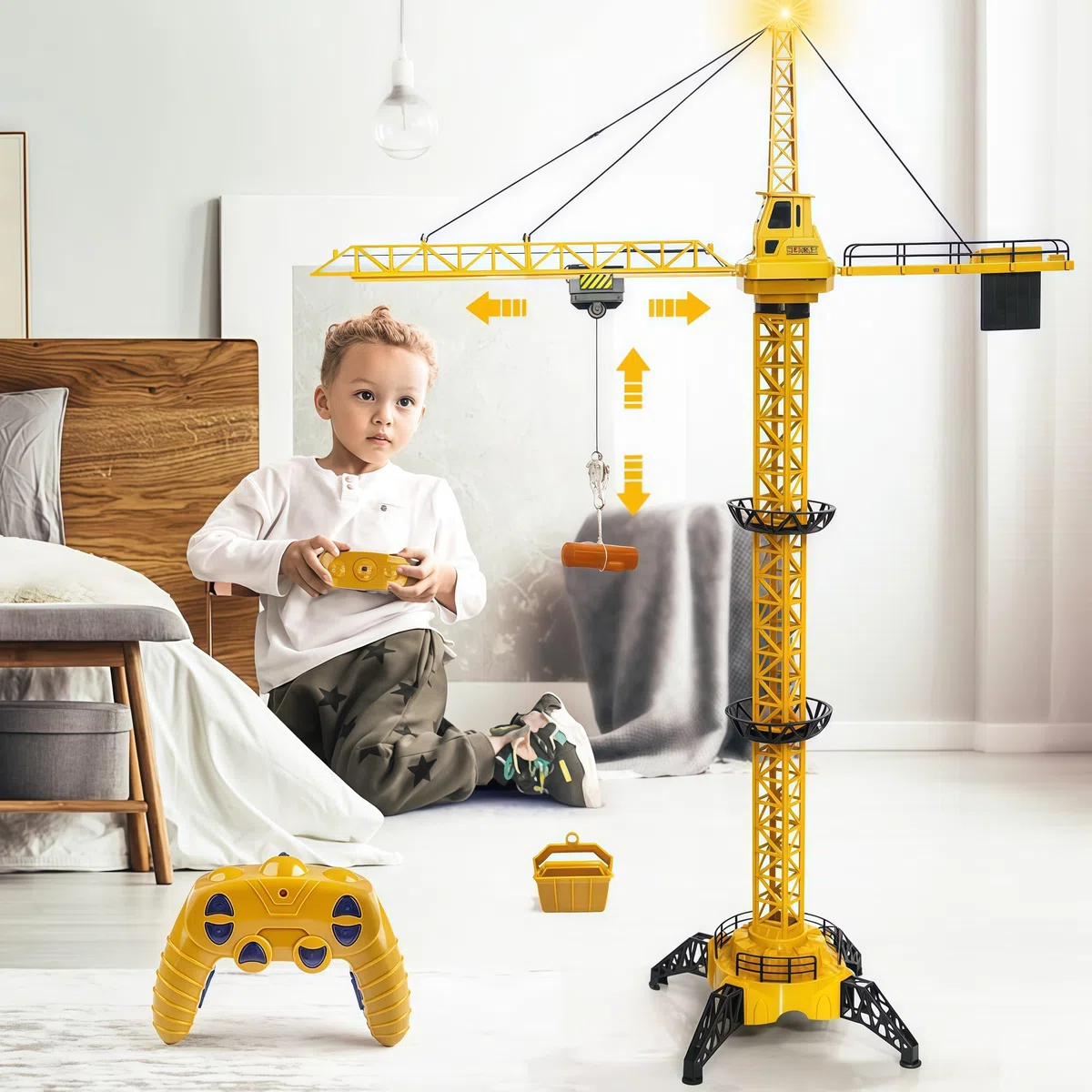 Mini Tudou 128 cm 2,4 Hz Gru a torre telecomandata,Costruzione con radiocomando a 6 canali Gru RC giocattolo,Modello di ascensore a 680 gradi di rotazione,Suoni per bambini