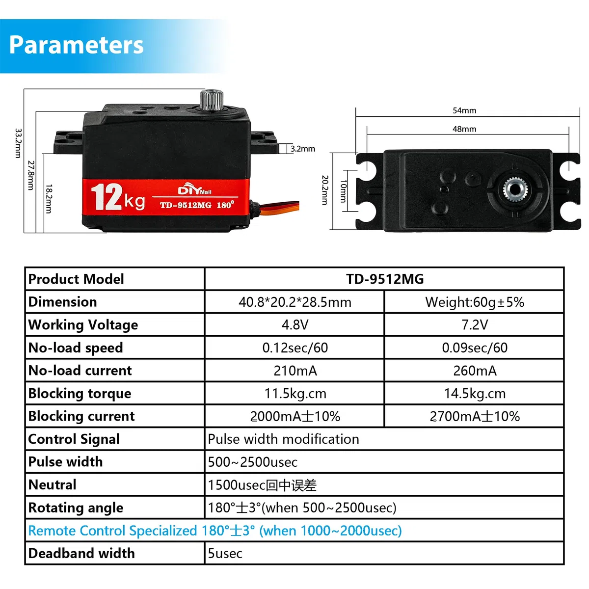 Servo 12kg Basso Profilo 180 TD-9512MG RC Servo Digitale Impermeabile Full Metal Gear Ad Alta Velocità per 1/8 1/10 RC Auto Elicottero Coda Robot (Ordinario (rosso))