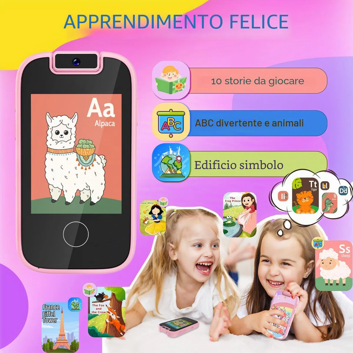 Dhapy Smartphone per Bambini, Telefono Touch Screen per Bambini, Lettore Musicale MP3, Giocattolo Educativo con Scheda SD 8G, Rosa