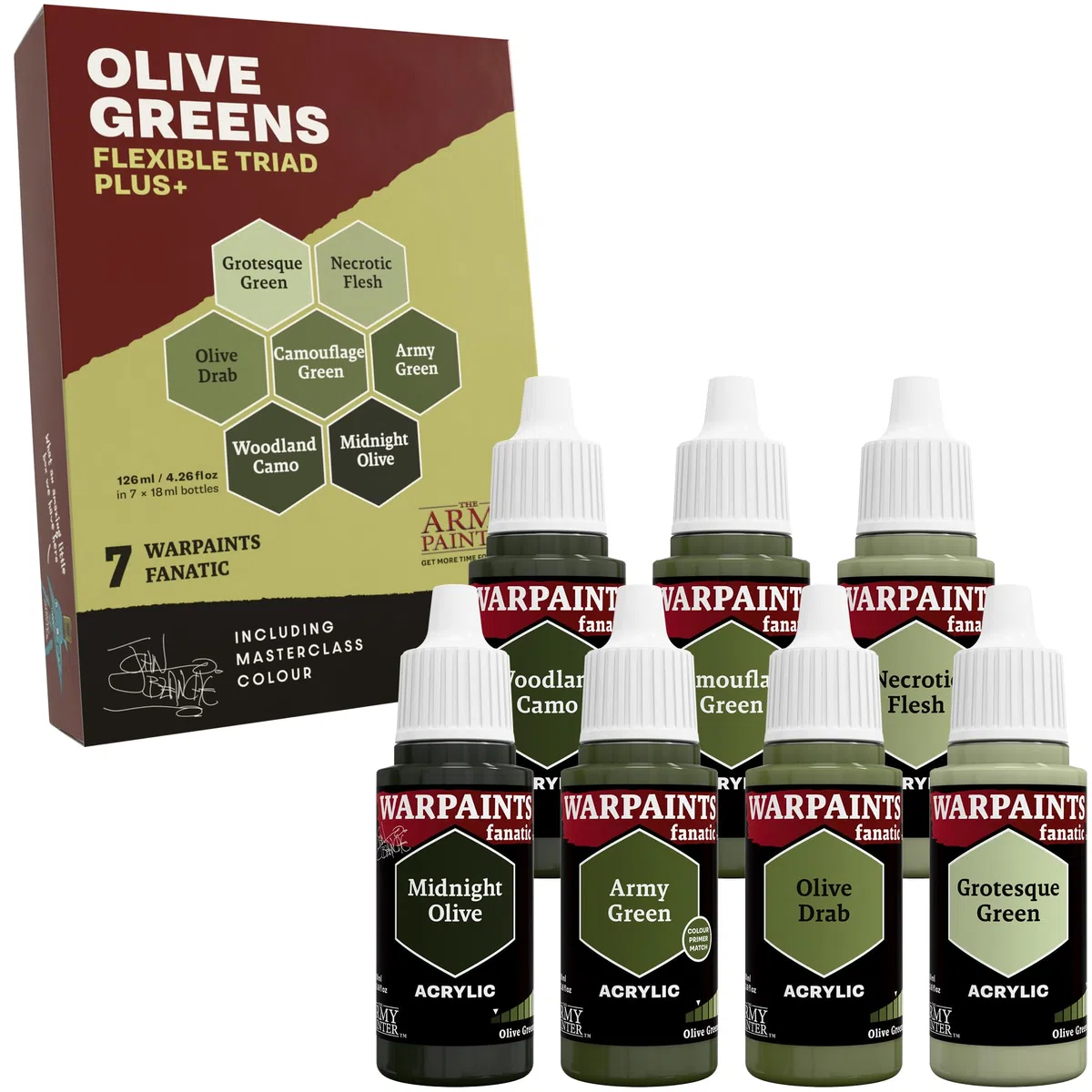 The Army Painter, Warpaints Fanatic Olive Greens flexible Triad Plus +, verde oliva, 7 x 18 ml, vernice per hobby di qualità in miniatura per dungeons and drons (DnD) e Warhammer Miniatures