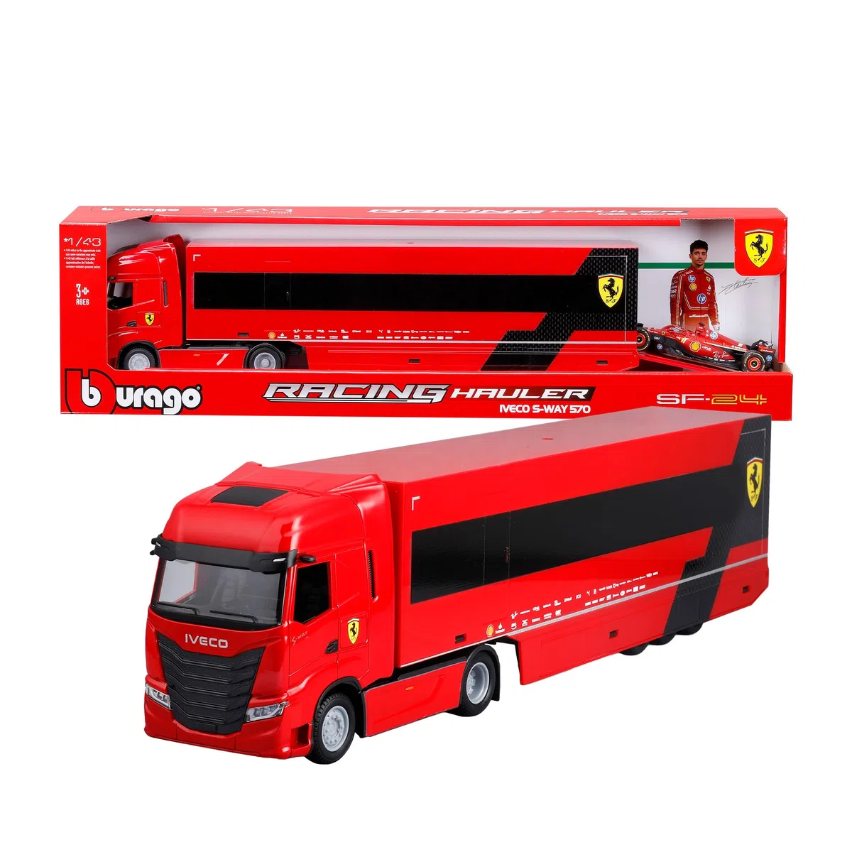BBURAGO Iveco S-Way 570 Racing con Ferrari SF-24#16 Leclerc, Set Diecast in Scala 1:43, Bisarca Dettagliata con Auto F1, Licenze Ufficiali Ferrari e Iveco, Età Consigliata 3+ Anni