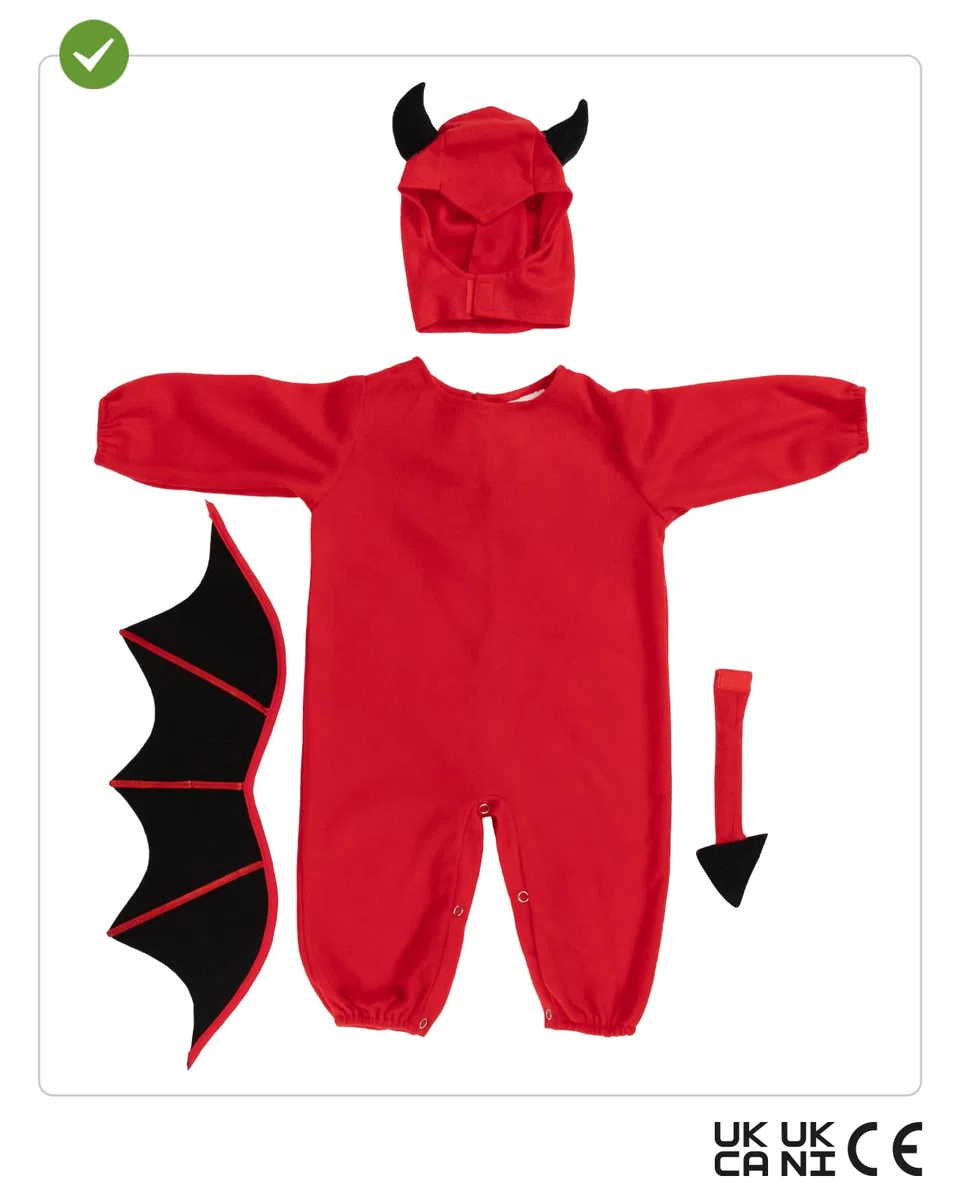 Funidelia Costume da Diavolo per Bebè con tutina, cappuccio, ali e coda, Tenuta da Demone, Costumi per Halloween e Carnevale