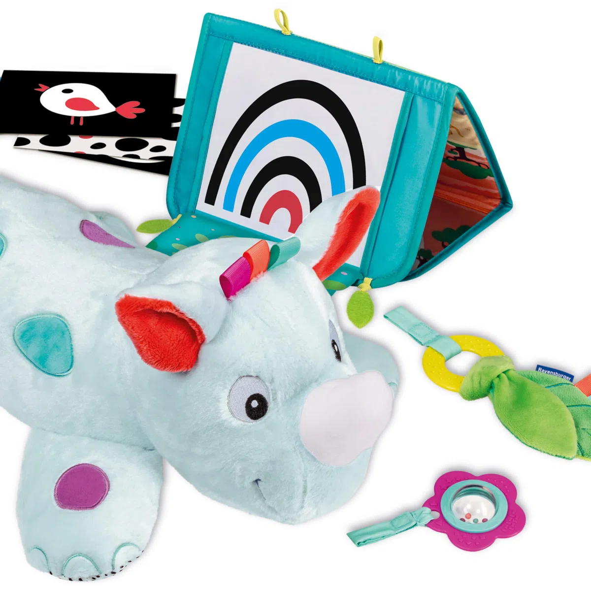 Ravensburger Play+, cuscino sportivo 3 in 1 a forma di Rhinoceros, ideale per allenare bambini da 0 a 6 mesi, giocattolo per imparare la prima infanzia e peluche per attività legate al parto, 34010