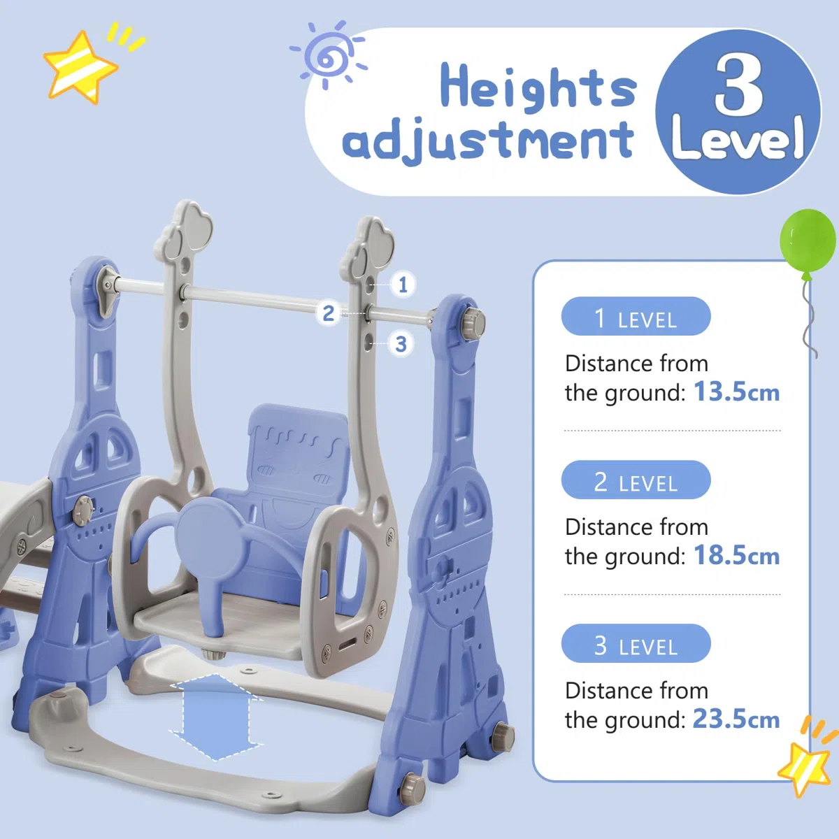 Scivolo per bambini 4 in 1, divertente scivolo con altalena, scala da arrampicata e cestino da basket, area giochi per bambini da 1 a 6 anni (blu, 140x118x102 cm)