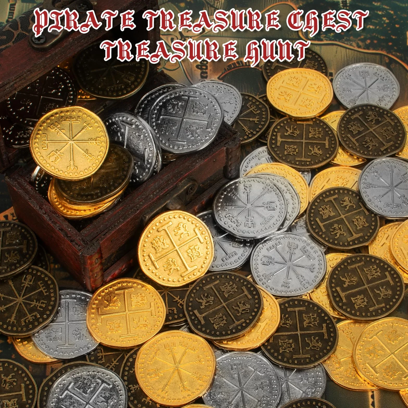 Byhoo 36 Pcs Metallo Pirata Token Set Monete Set Realistico Tesoro Spagnolo Monete per Pirati Scrigno del Tesoro Caccia del Tesoro Cosplay Giocattoli Da Tavolo