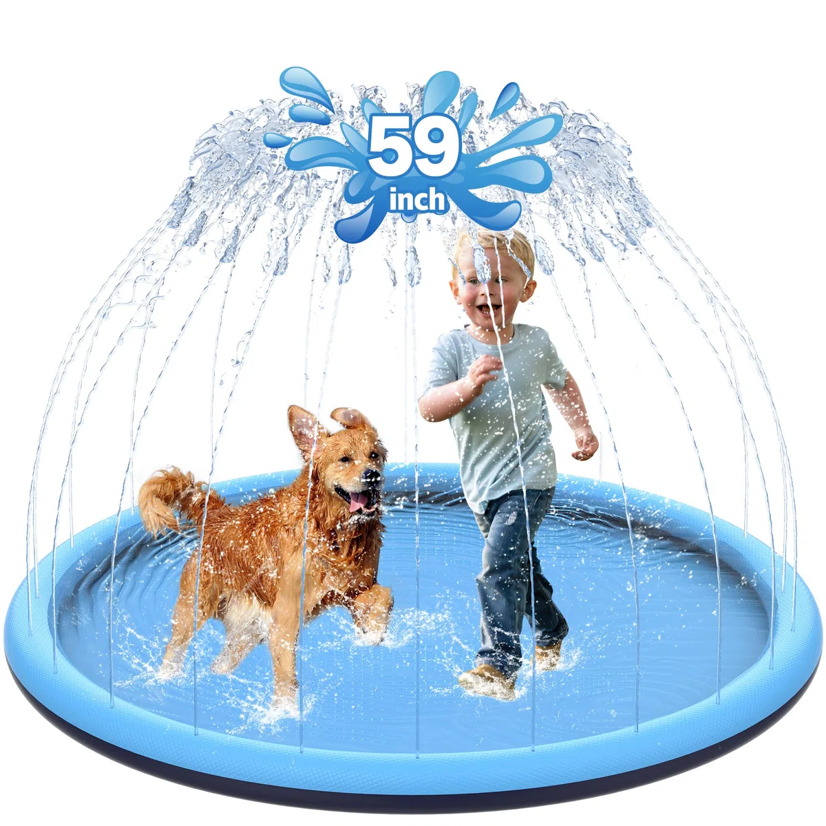 CACSPS Tappetino antiscivolo da 150 cm, per bambini e cani, addensante piscina con irrigatore, giocattoli estivi all'aperto, piscina per bambini e ragazze o cani da compagnia (blu)