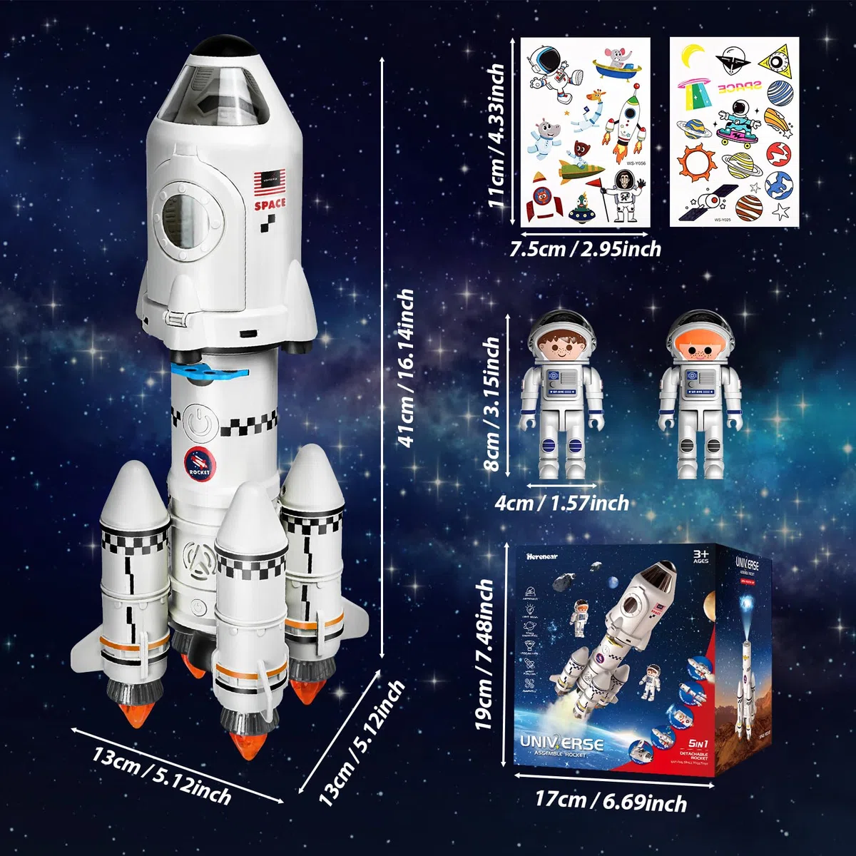 Herenear Razzo Spaziale, Space Shuttle Giocattolo per 3-8 Anni, con Astronauti e Lampada di Proiezione