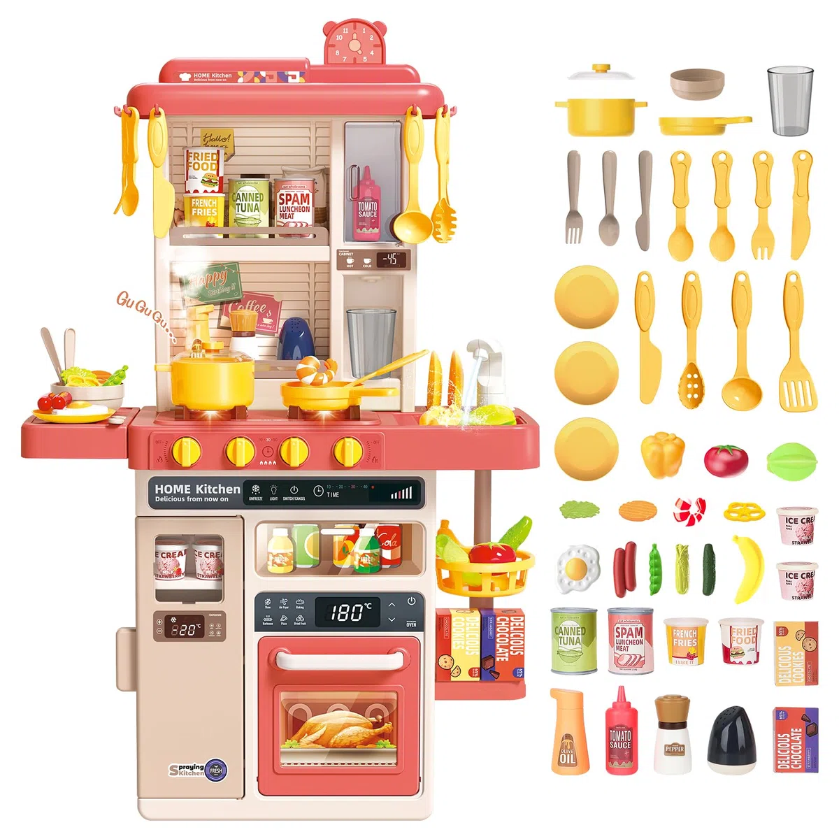 deAO Kitchen Toy Cucina per bambini con suoni e luci, vapore, 50PCS accessori da cucina per bambini include piatti, cibo, lavello, forno e piastre di cottura giocattoli, set da gioco, Rosa
