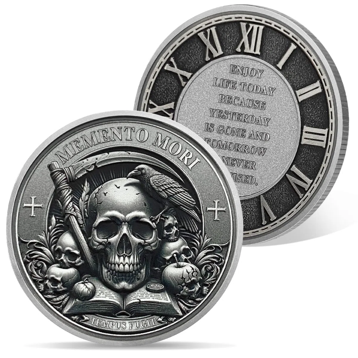 AtSKnSK Moneta Memento Mori TEMPUS FUGIT Moneta Teschio Moneta Sfida Medaglione Corvo Chip Regali Stoici Ricordo per Donne e Uomini