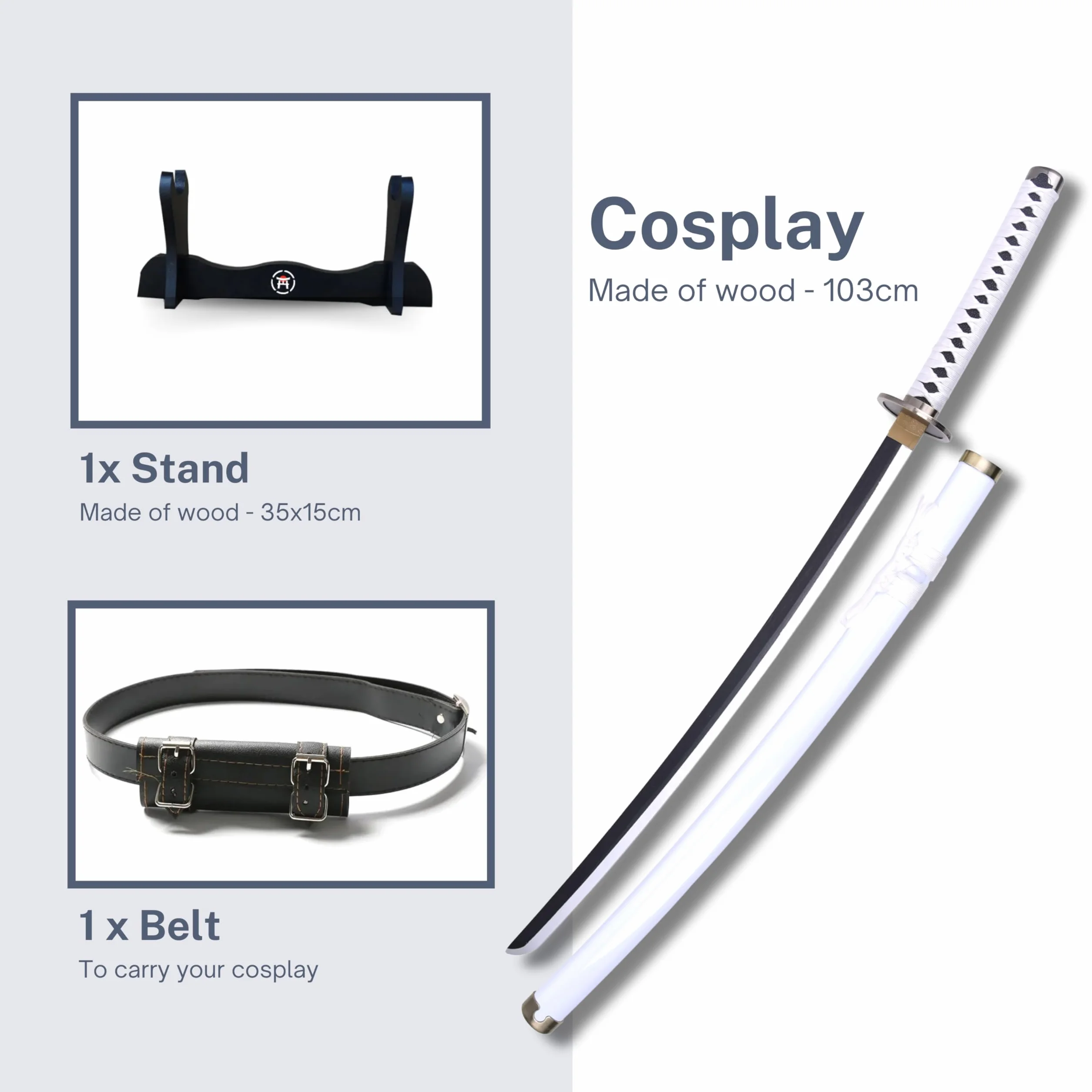 Katana One Piece - Vera Manga Sciabola + Porta Spada di Legno + Cintura - Catana Giapponese Decorazione Cosplay Giocattolo per Bambini Adulti Gioco Costumi
