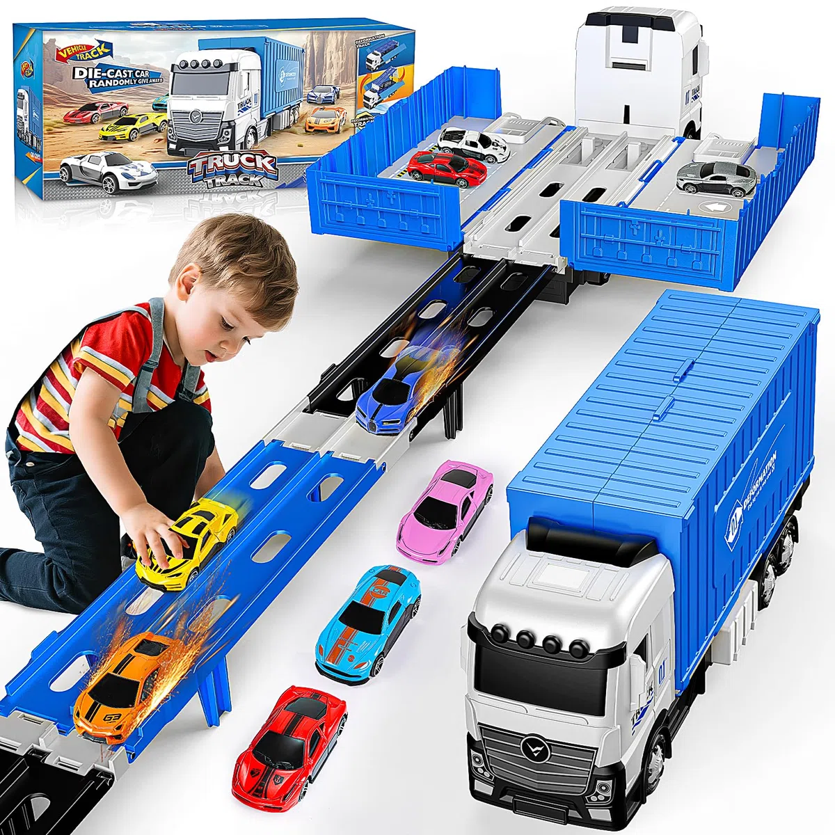 iKidiki Macchinine per Bambini, Giochi Bambini 2 3 4 5 6 Anni Camion Giocattolo per Bambino Regalo Bambino 2 3 4 5 6 Anni, Traccia Car con 8 Auto da Corsa in Lega
