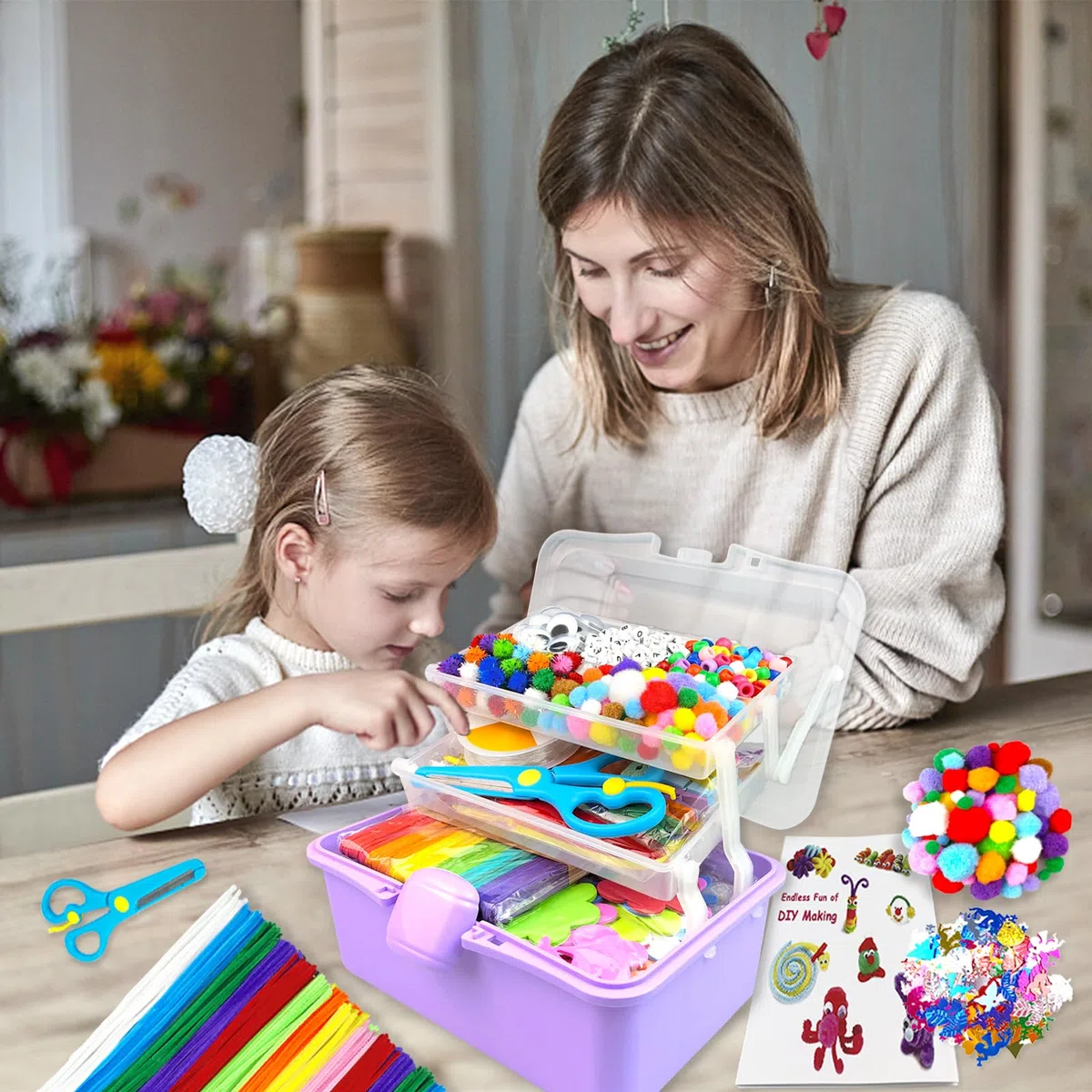 BNUZEIYI 3000Pcs Kit Lavoretti Creativi per Bambini Scatola Lavoretti Bambini a 3 Strati con Scovolini Colorati DIY Art Craft Fai da Te Giocattoli Regalo per Ragazze e Ragazzi 4-6, 6-8, 8-12, Viola