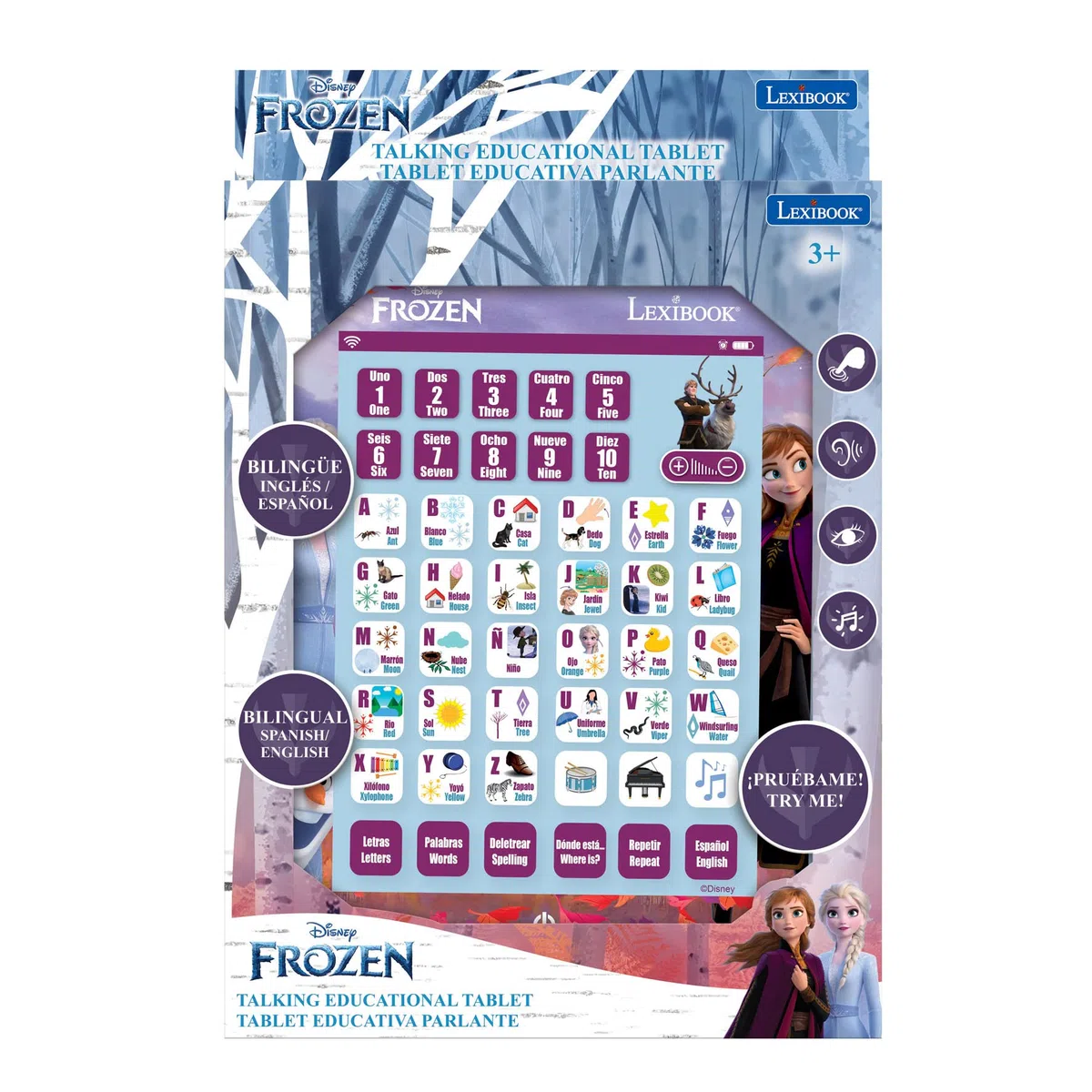 LEXIBOOK, Frozen, Educational Bilingue Learning Tablet, Impara Lettere Numeri Parole ortografia e Musica, Inglese/Spagnolo, Viola, JCPAD002FZi2