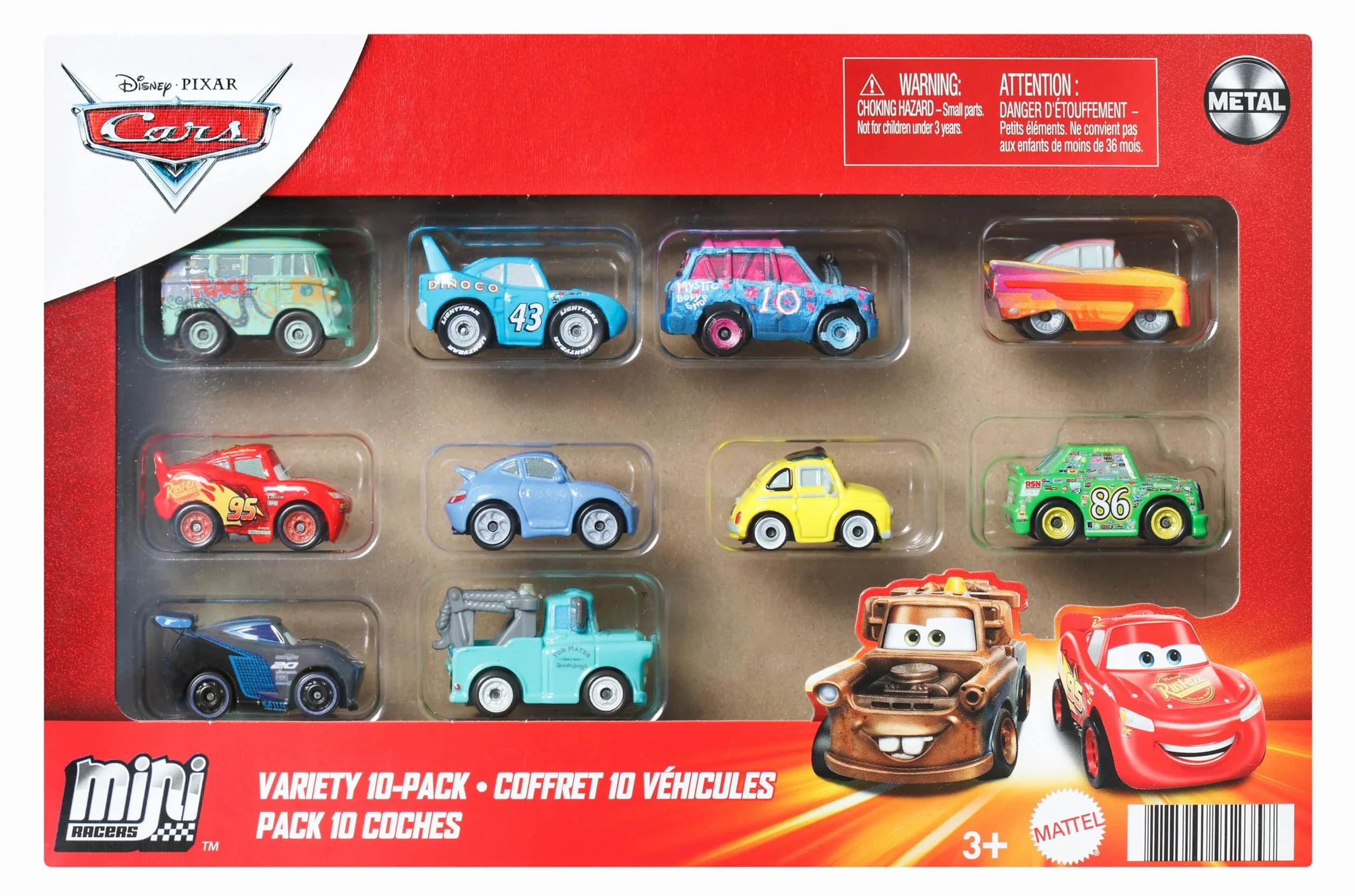 Mattel CARS - Mini Racers, set da 10 mini auto da collezionare, veicoli a spinta dei personaggi più famosi di Disney Pixar Cars, giocattolo per bambini, 3+ anni, GRW27