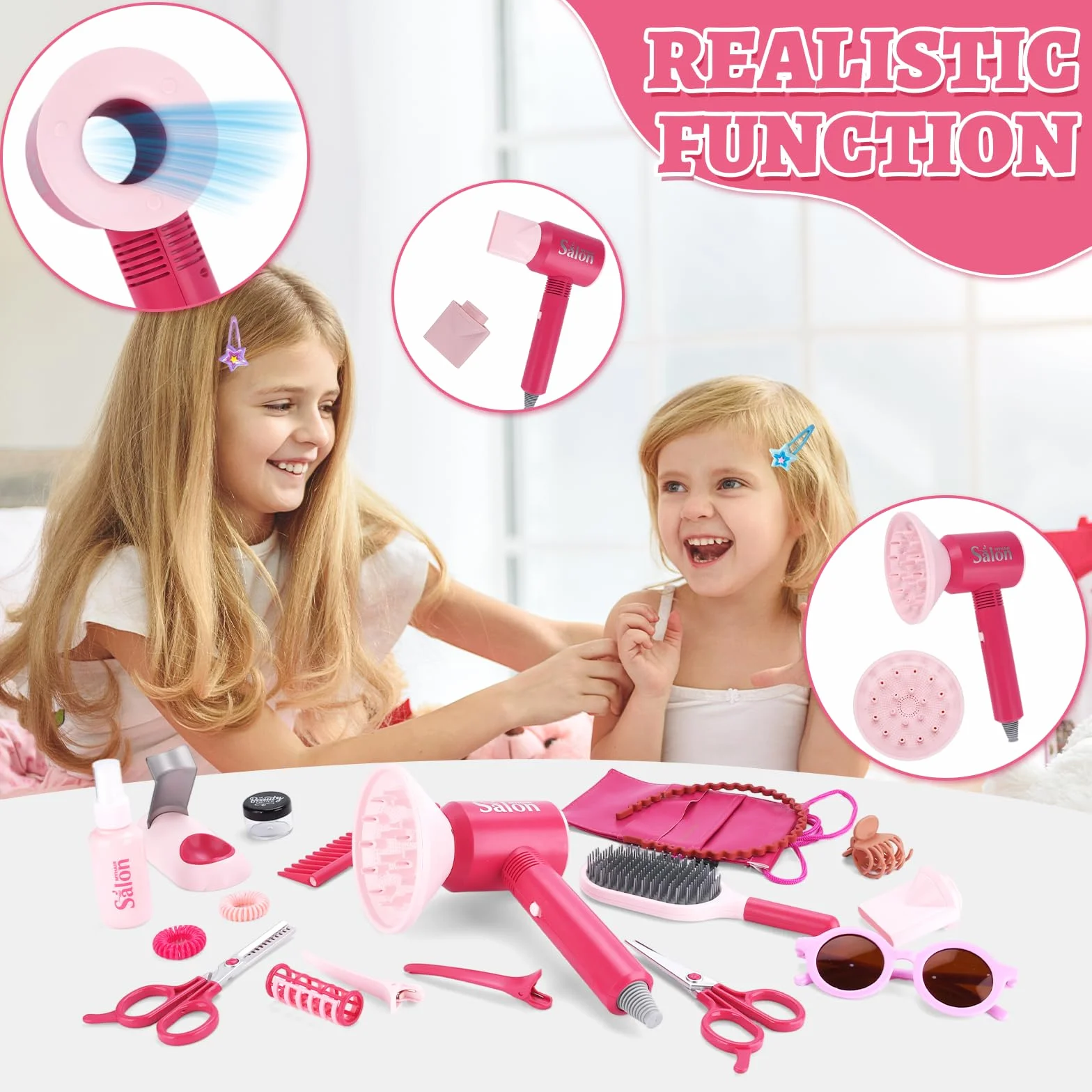 Set Parrucchiera Bambina,Gioco Parrucchieri per Bambini,25 Pezzi Kit di Bellezza e Parrucchiere per Bambini con Asciugacapelli,Arricciacapelli e Altri Accessori,Regalo Bambina 3 4 5 6 7 Anni