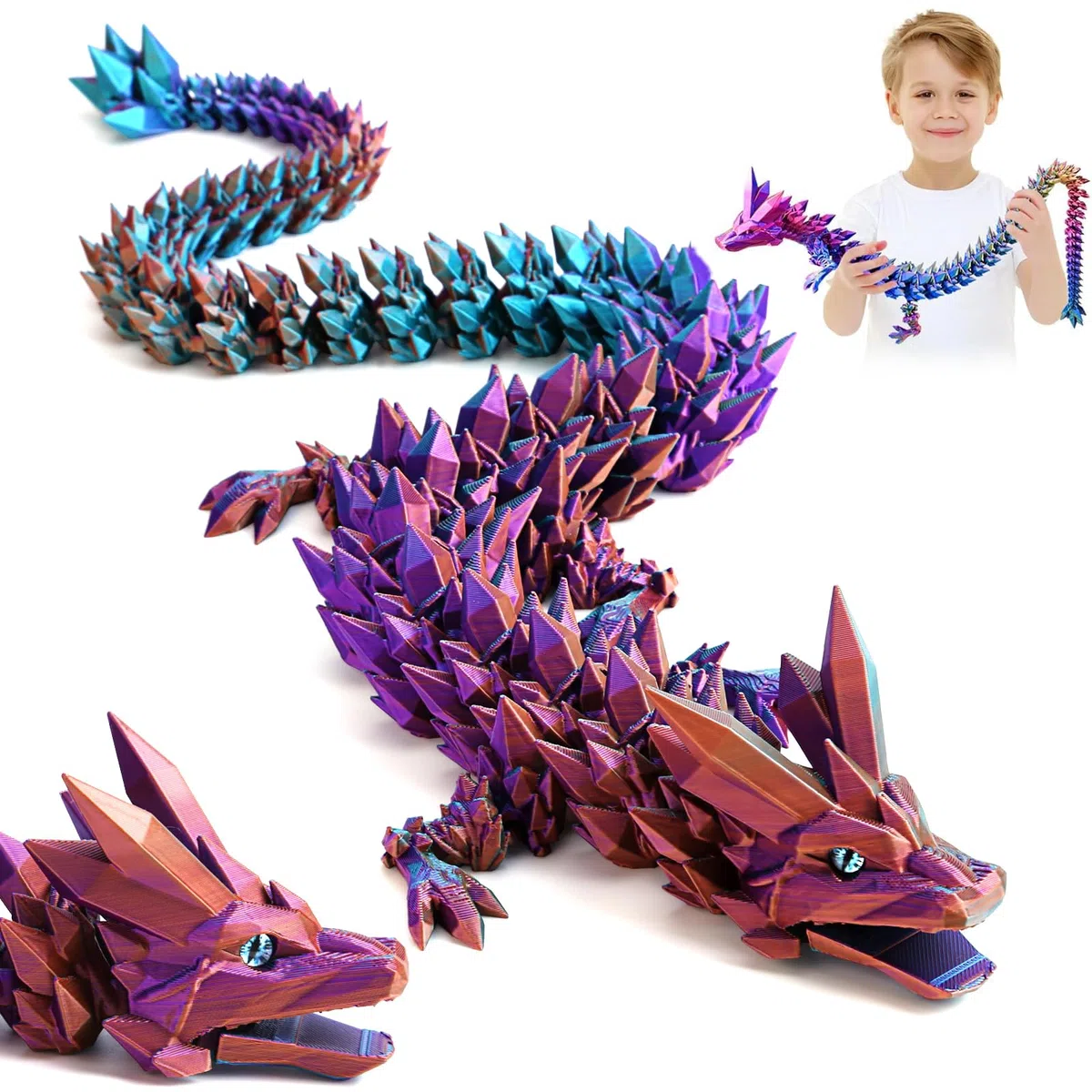 Drago stampato 3D, 60 cm, giocattolo con gli occhi, misteriosi figure di drago realistico, con articolazioni eque, in cristallo, regalo per bambini