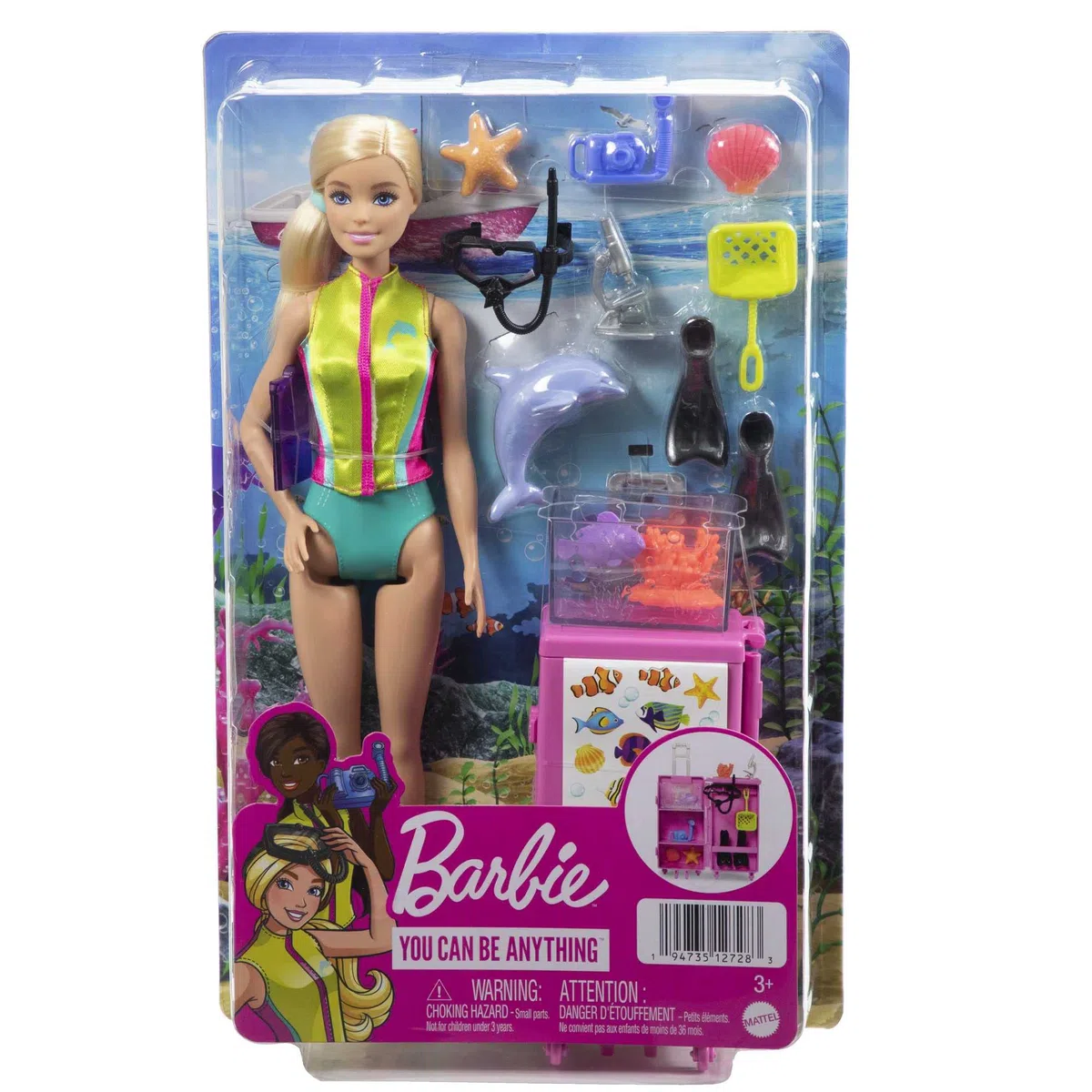 Barbie Carriere - Carriera Make-up, bambola dai capelli blu, top colorato a stampa leopardata e scarpe rosa con plateau, con palette, tavolozza e pennello, Giocattolo per Bambini 3+ Anni, HKT66