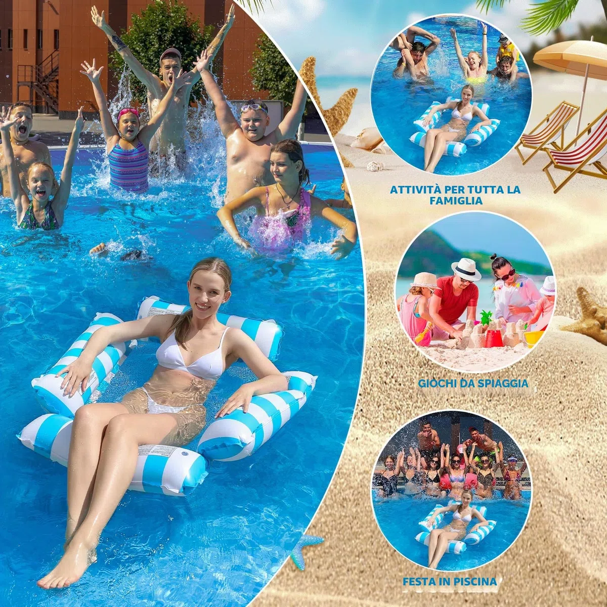 Amaca Gonfiabile Piscina 4 in 1 per Adulti, Materassino Galleggiante con Rete, Lettino Gonfiabile Mare e Piscina, Sedia Galleggiante Relax, Facile da Gonfiare, per Estate, Spiaggia, Vacanze