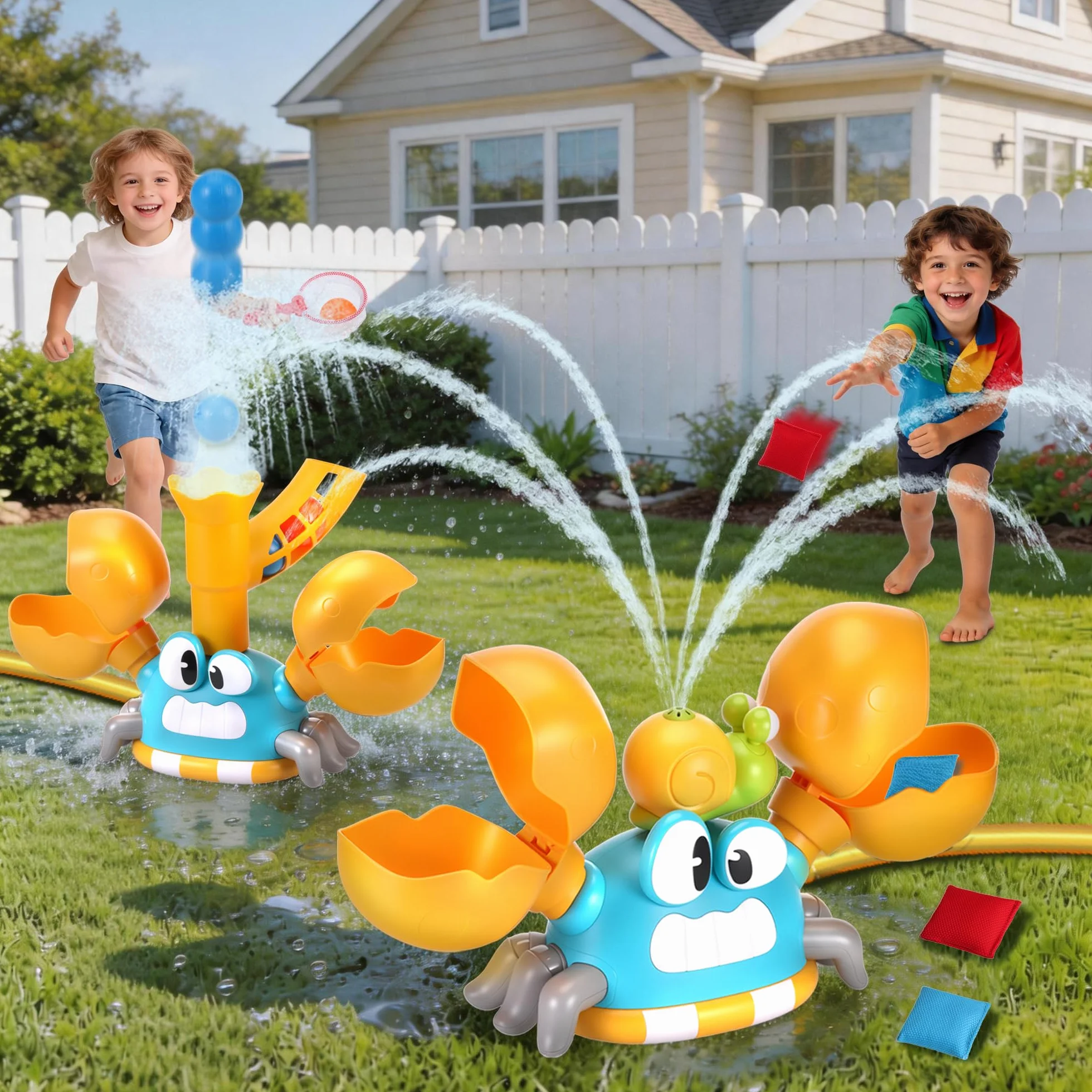 3-in-1 Giochi da Giardino da Esterno, Irrigatore per Bambini Forma di Granchio con Prendi la Palla e Lancia, Regalo Creativi per Bambino, Il Giocattoli Estivo Perfetto per Bambini 3 4 5 6 7 8 9 Anni