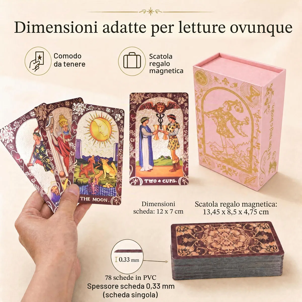 Tarocchi Inglesi Rosso Vino in Lamina d’Oro, 78 Carte + 2 Carte Bonus, Mazzo Tarot Impermeabile in PVC con Guida Illustrata da 36 Pagine