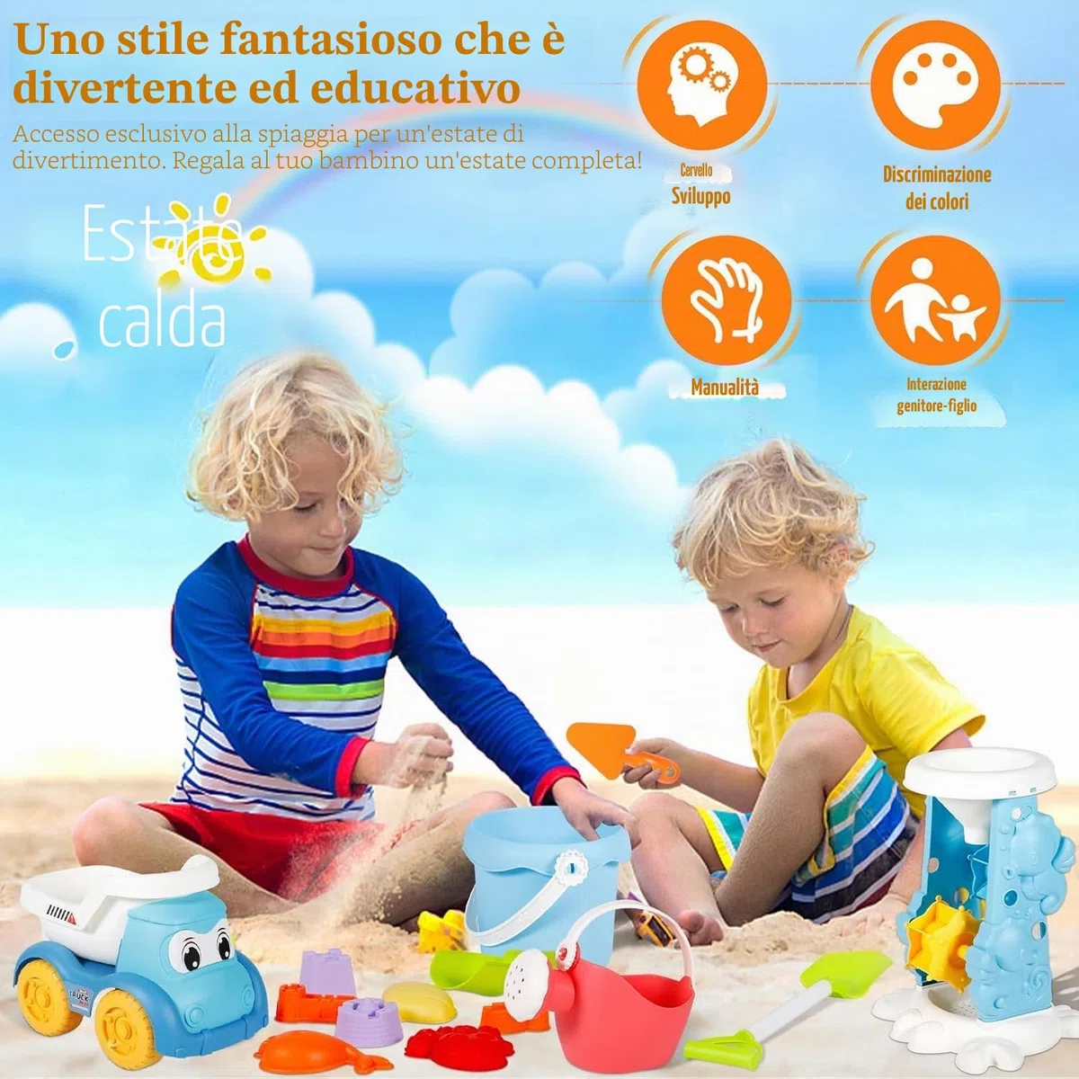 Giocattoli da Spiaggia, 30 Pezzi Spiaggia di Sabbia Giocattoli con Borsa a Rete, Secchiello, Secchiello Spiaggia, Acqua Ruota, Stampi, Giochi Spiaggia Bambini per attività All'aperto Bambini