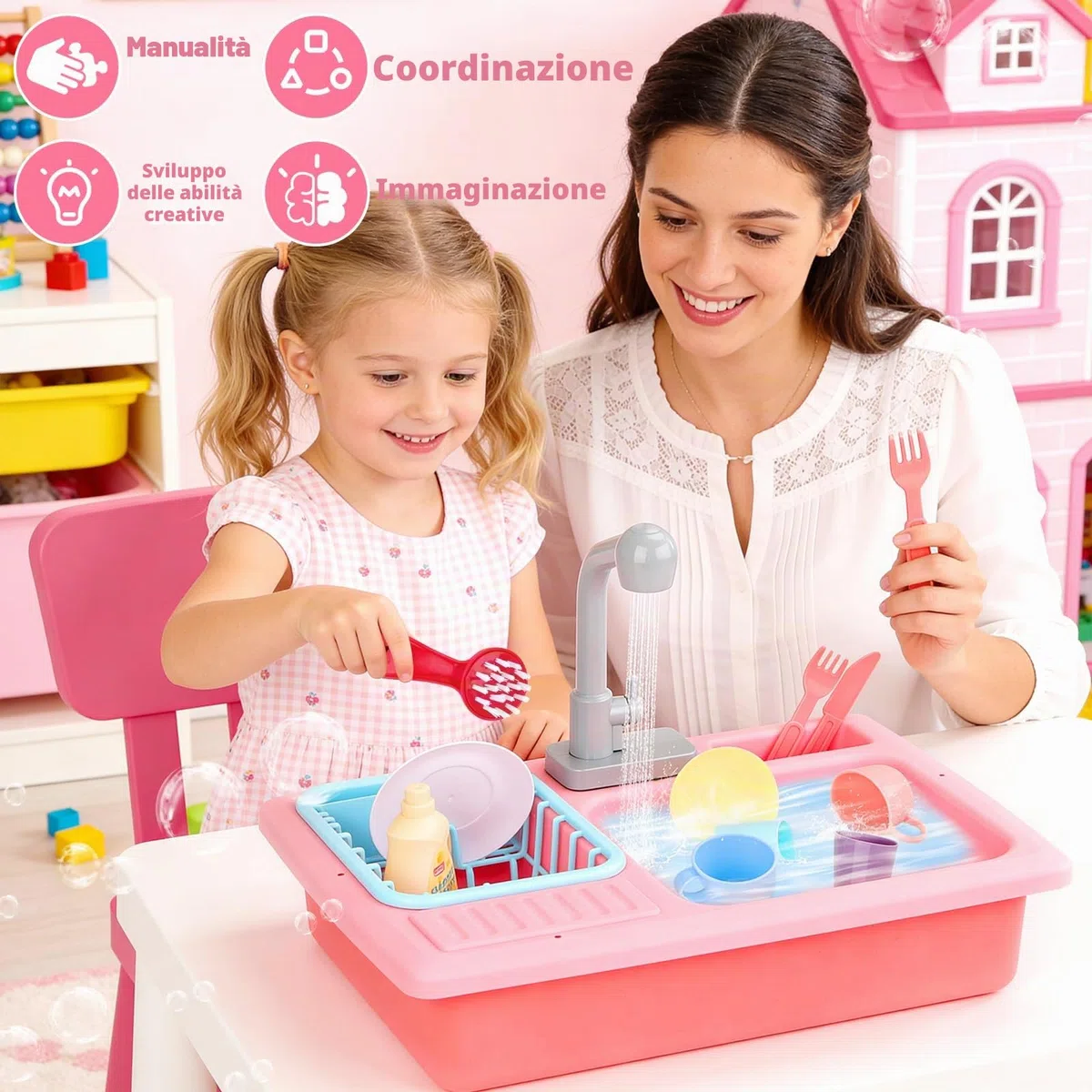 deAO Lavello da Cucina Gioco di Ruoli con Simulatore di Acqua Elettrico e Accessori (Rosa)
