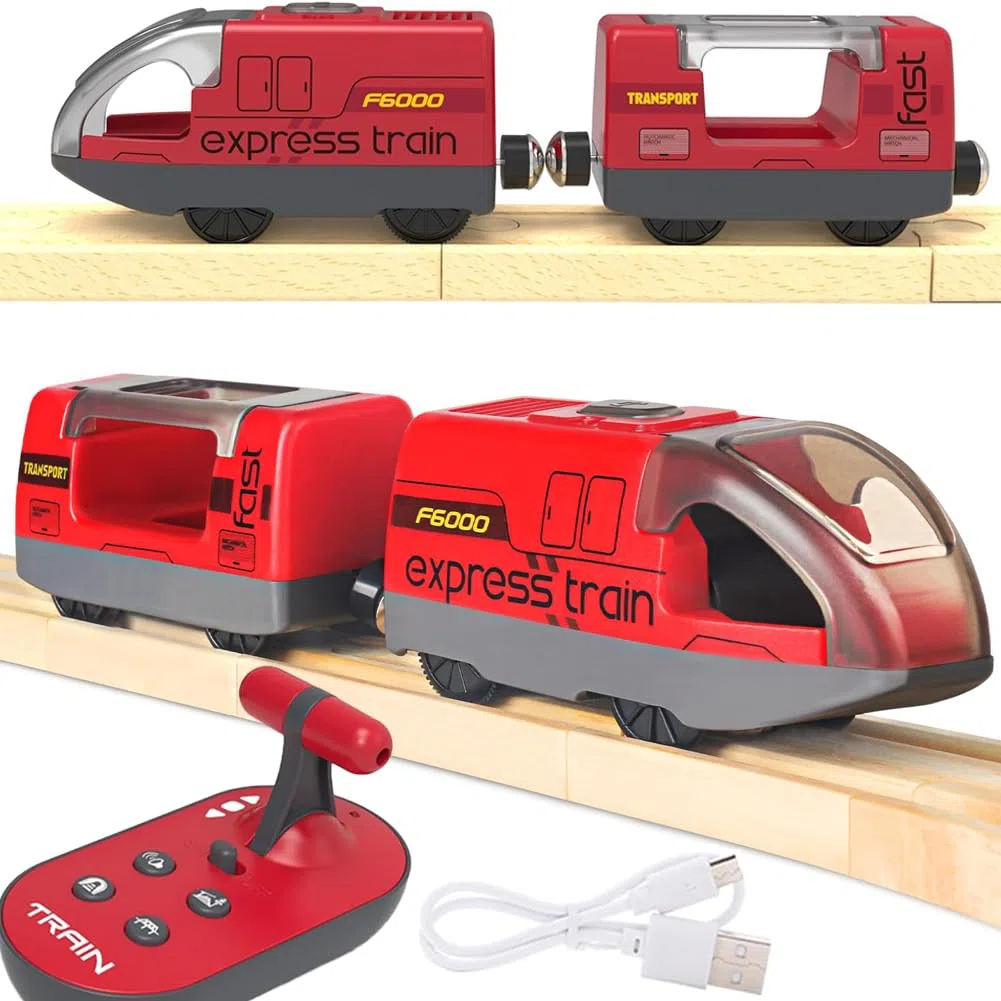 TOPLIVING Treno ferroviario in legno motorizzato, treno telecomandato con collegamento magnetico, treni locomotivi a batteria per bambini, compatibile con Thomas, Brio, Chuggington (rosso)