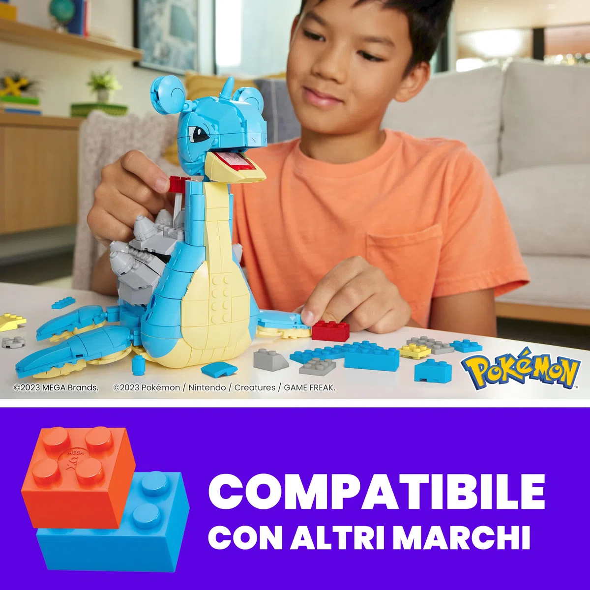 MEGA Pokémon - Lapras da costruire e collezionare con 527 pezzi e sistema Mattoncino movimento, alto 17+ cm, personaggio da esporre, giocattolo per bambini, 8+ anni, HKT26