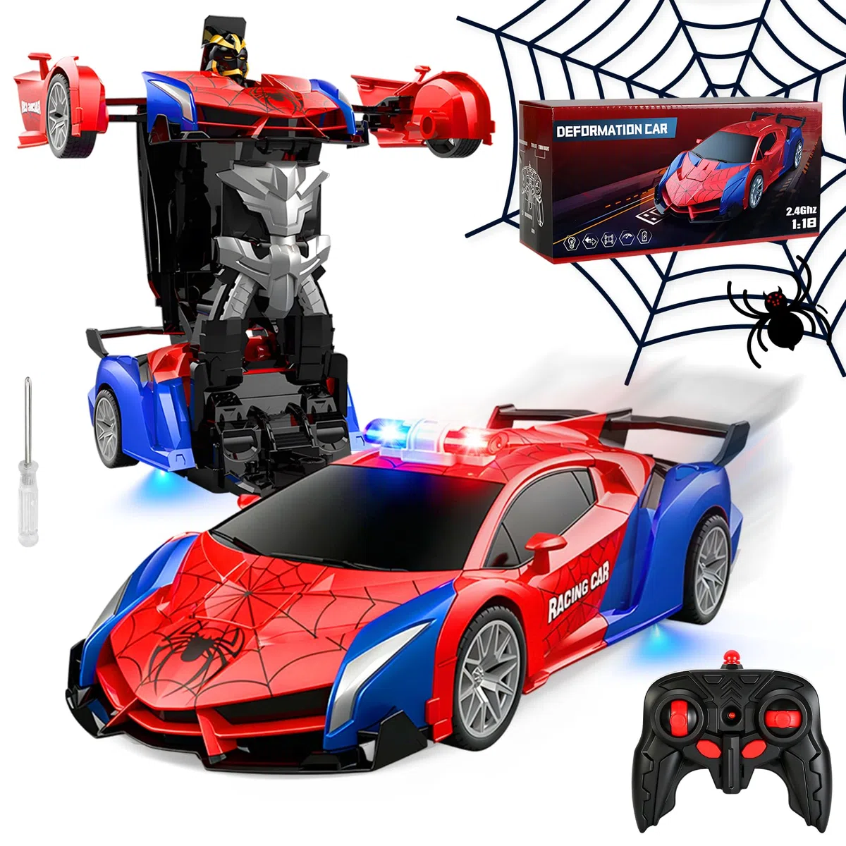 Macchina Telecomandata Spider, 2.4GHz Robot Trasformabile Spider RC Auto con Telecomando, 2 in 1 Macchina Polizia Giocattolo Bambini con Luce Lampeggiante, Auto Robot Trasformabile per Bambini