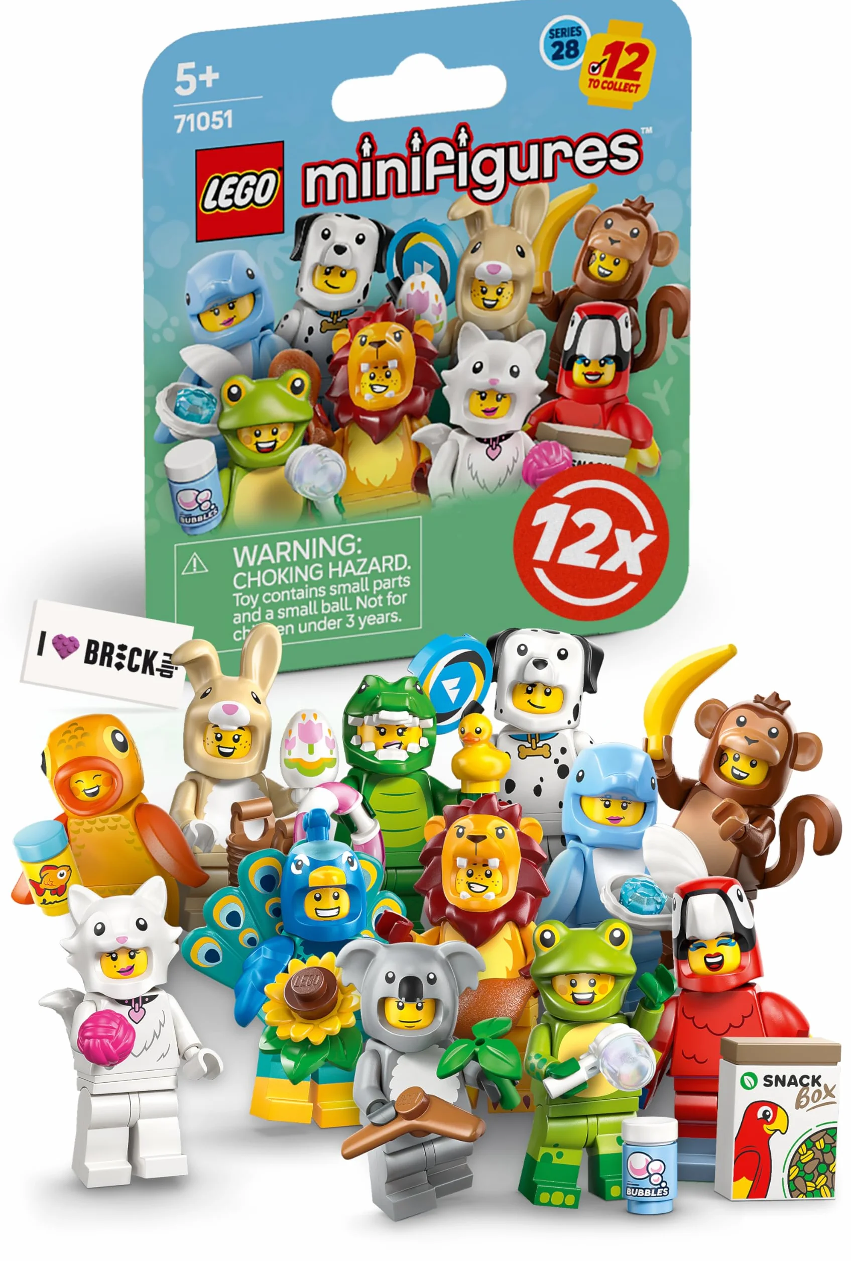 Lego - Minifigure serie 28 con 12 personaggi: set completo di minifigure Lego serie 71051 animali (con piastrella stampata)