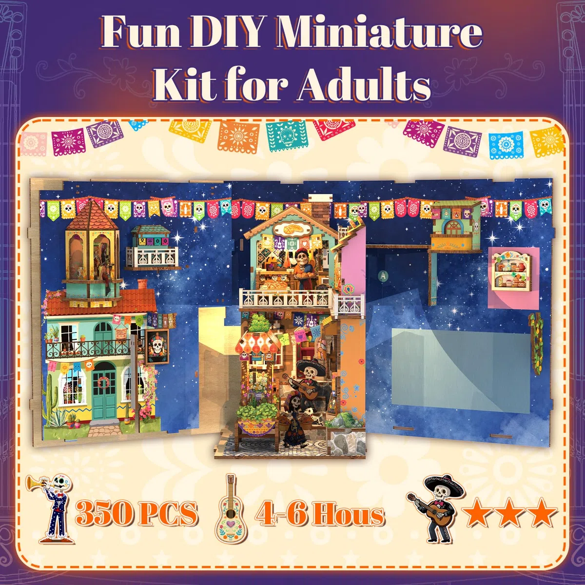 Fsolis Kit Angolo Libro - Miniatura Dia de los Muertos Casetta di Strada, Kit di Puzzle 3D in Legno per Adulti, Decorazione per Libreria, Regalo Unico
