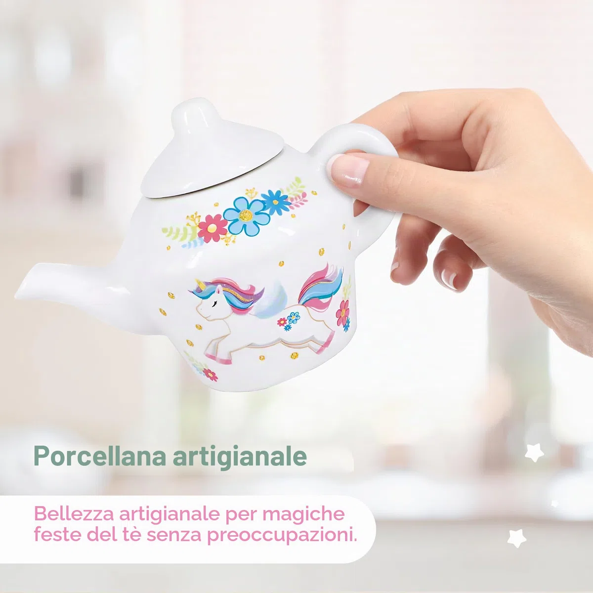 Jewelkeeper Set da tè in porcellana per bambine - Giocattolo da tè, Tazze da tè in ceramica rosa con scatola rosa - Regalo per bimbi di 3 anni - Design Unicorno, 13 pezzi