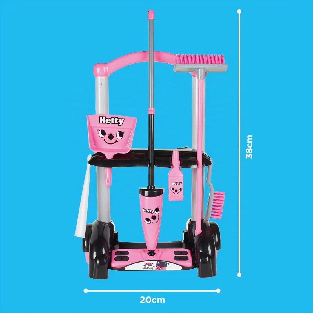 Casdon Giocattoli Henry & Hetty - Carrello per le pulizie Hetty - Set rosa ispirato a Hetty con scopa, spazzole, paletta e accessori - Carrello per le pulizie per bambini - Età: 3+ anni