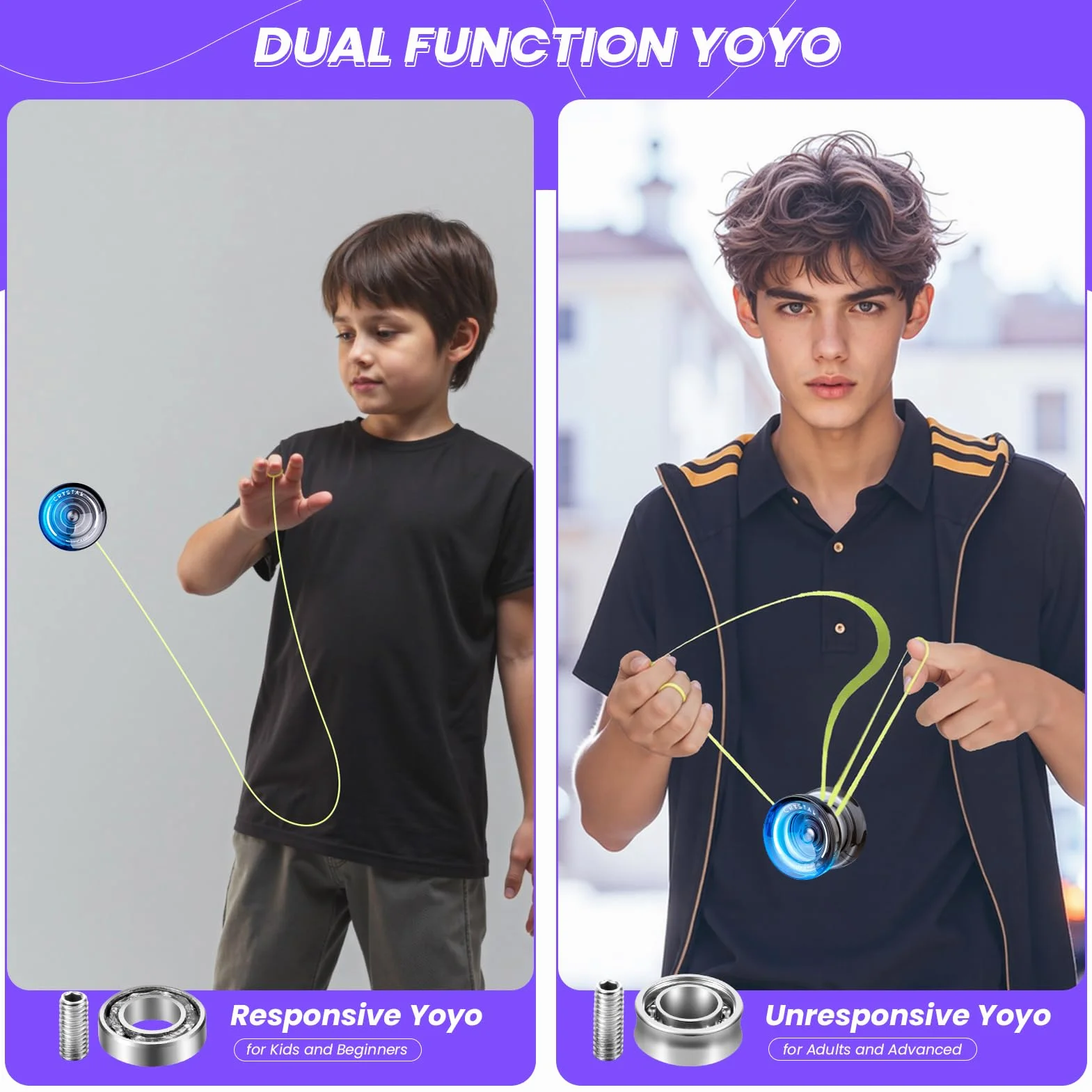 MAGICYOYO Yoyo reattivo per bambini K2 Crystal Black Blue, 2 in 1 - Yo Yo Yo reattivo e non responsivo, Yoyo trucco con rotazione delle dita con cuscinetto non responsivo, 12 corde, borsa Yo-Yo
