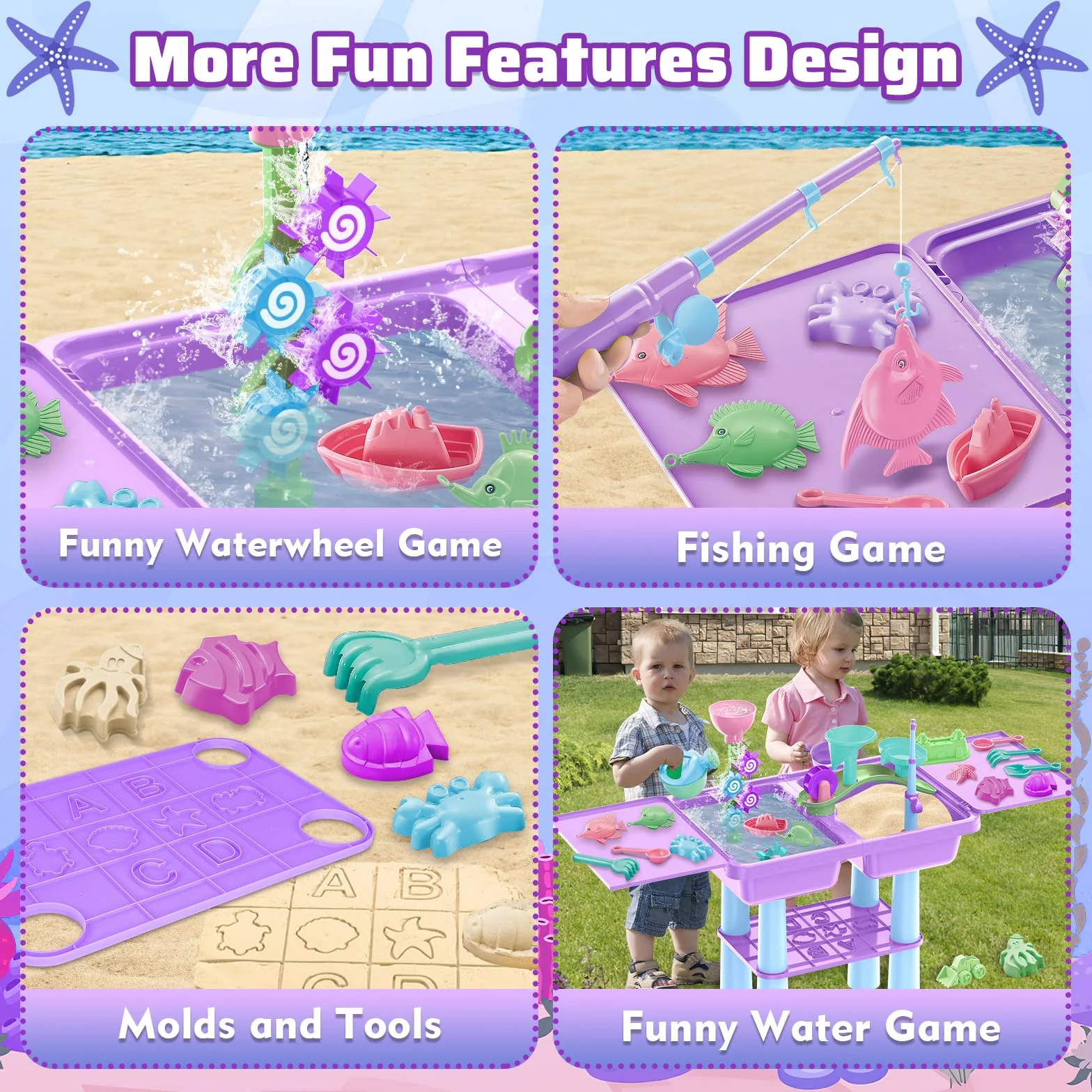 deAO Tavolo con Sabbia e Acqua per Bambini, Tavolo da Gioco, Tavolo Multifunzione, 26 PCS, 2 Canne da Pesca, Paletta per Sabbia, Ruota dell’Acqua, Tavolo da Gioco con Coperchio, 3 Anni+ (Viola)