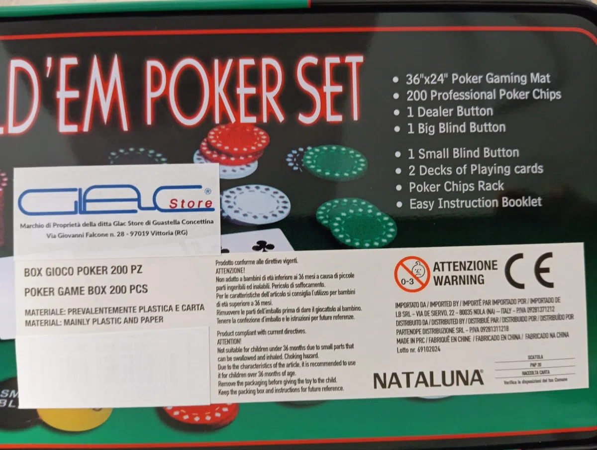 Set da Poker con Scatola in Metallo, 200 Fiches Colorate, 2 Mazzi di Carte, Fiches Dealer, Panno Verde, Big Blind, Small Blind
