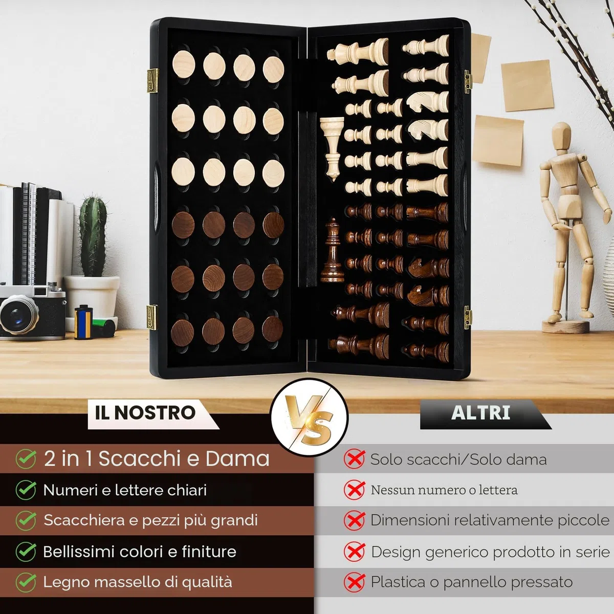 Peradix Set di Scacchi in Legno 38cm, 2-in-1Scacchiera e Dama con Pezzi Magnetici Extra Grandi, Realizzati in Legno Massiccio Pregevole - Perfetto Regalo per Tutte le Età e Occasioni