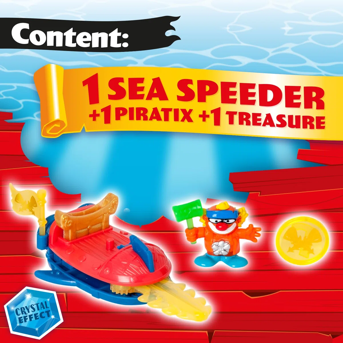 PIRATIX ADVENTURE WORLD - Serie Shark Treasure, display con 12 Sea Speeder, barca monoposto Piratix, Piratix sorpresa, accessorio cristallo, tesoro effetto cristallo
