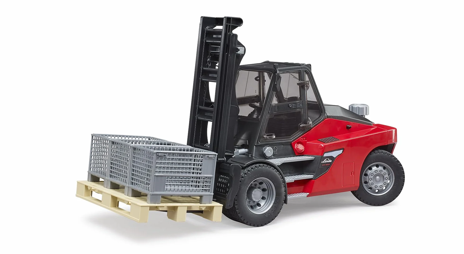 bruder 02513 - Carrello elevatore Linde HT160S con piastra e 3 gabbie per pallet