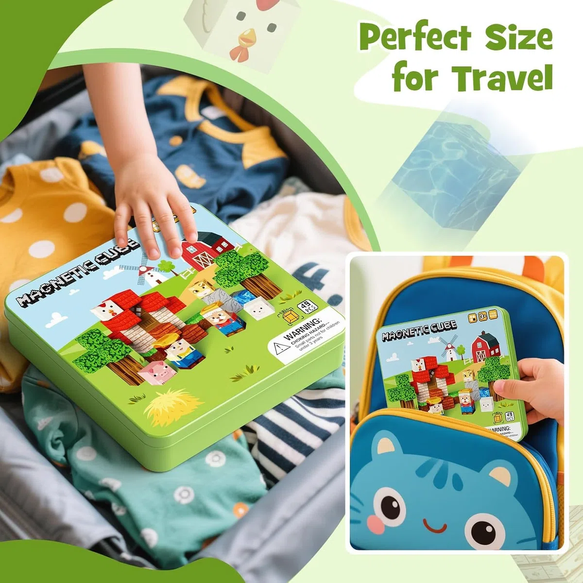 Giocattoli da viaggio a blocchi magnetici, 49 pezzi di blocchi da costruzione magnetici per bambini da 3-8 anni, giocattoli da viaggio per l'apprendimento prescolare STEM (Tema della fattoria)