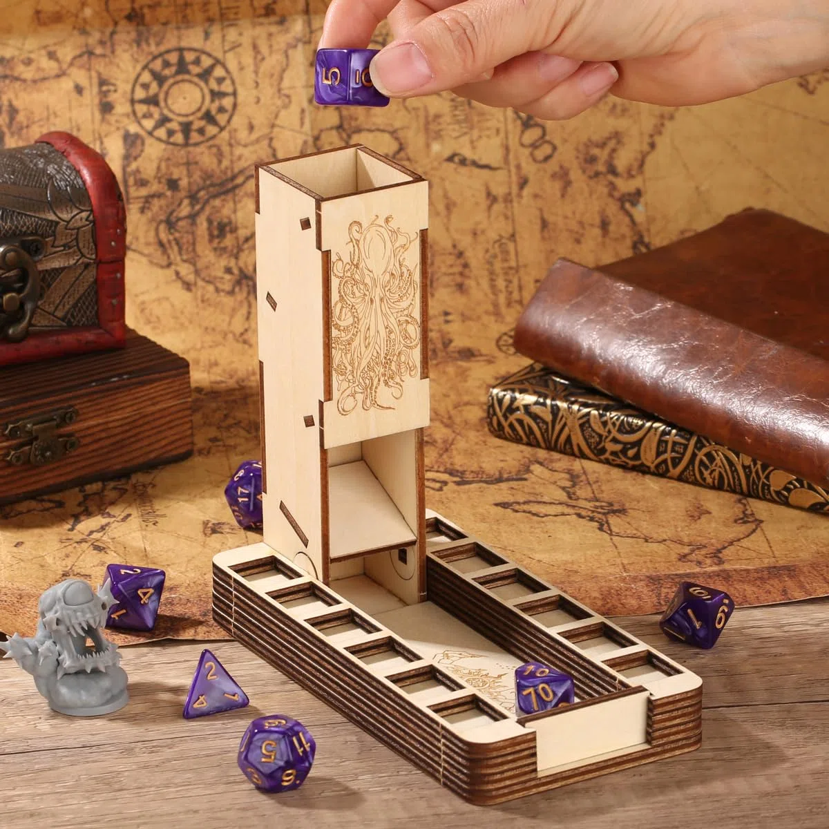 Vassoio per dadi in legno pieghevole DND, accessori D&D, Torre per dadi D20 mano magica, strumenti per giochi da tavolo, Giochi di ruolo scatola per