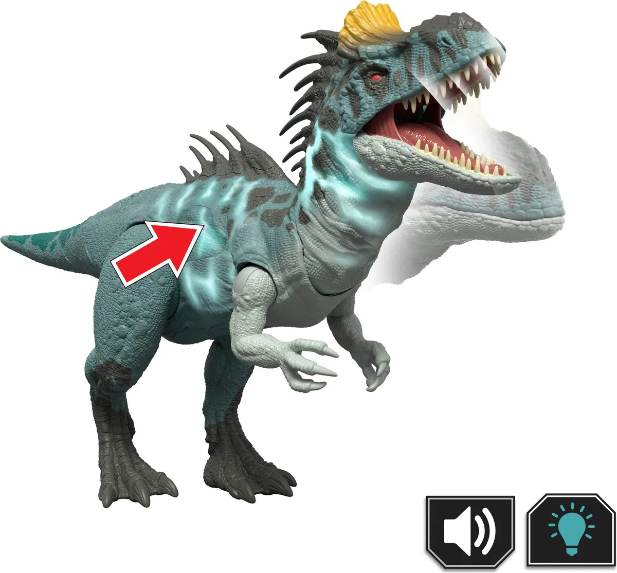 Mattel Jurassic World - Cryolophosaurus Ruggito Selvaggio, dinosauro snodato con luci e suoni, premi il tasto e attiva ruggiti feroci e mosse d'attacco feroci, JKL80