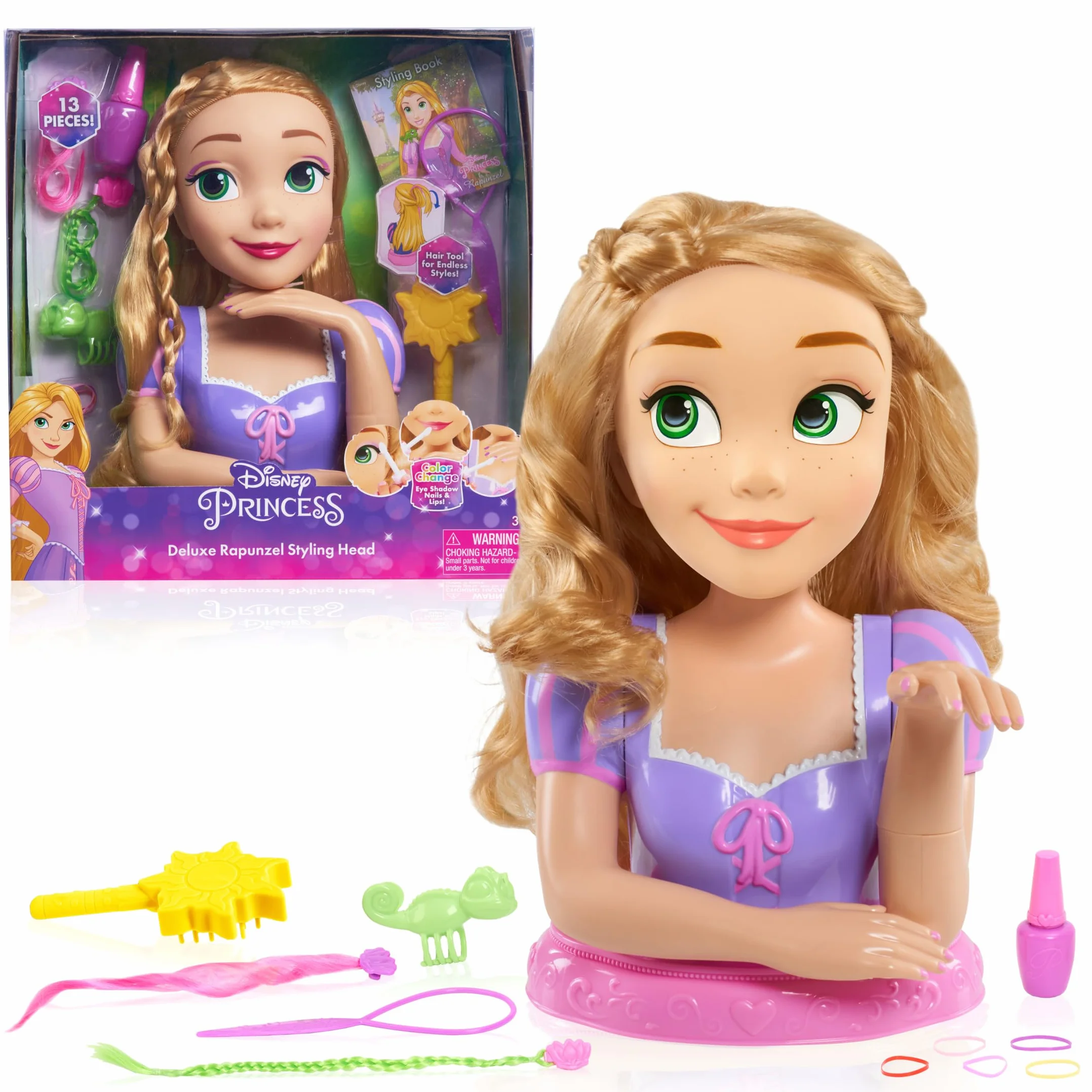 Just Play Testa di Deluxe Rapunzel da pettinare Disney Princess, Capelli biondi, Set di 13 Pezzi per Gioco di finzione, Giocattoli per Bambini dai 3 Anni