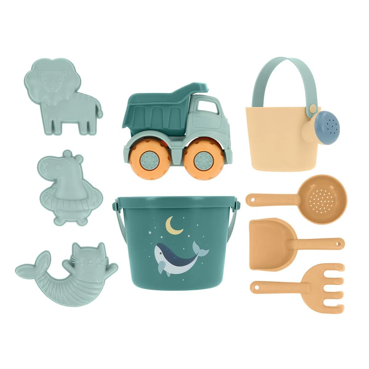 Set Giocattoli Spiaggia Bambini | Secchiello, Palette, Rastrello, Annaffiatoio, Camion | Giochi Mare Bambini 1 Anno, 2 Anni | Ecologico Senza BPA | Borsa Spiaggia | Whale Teal